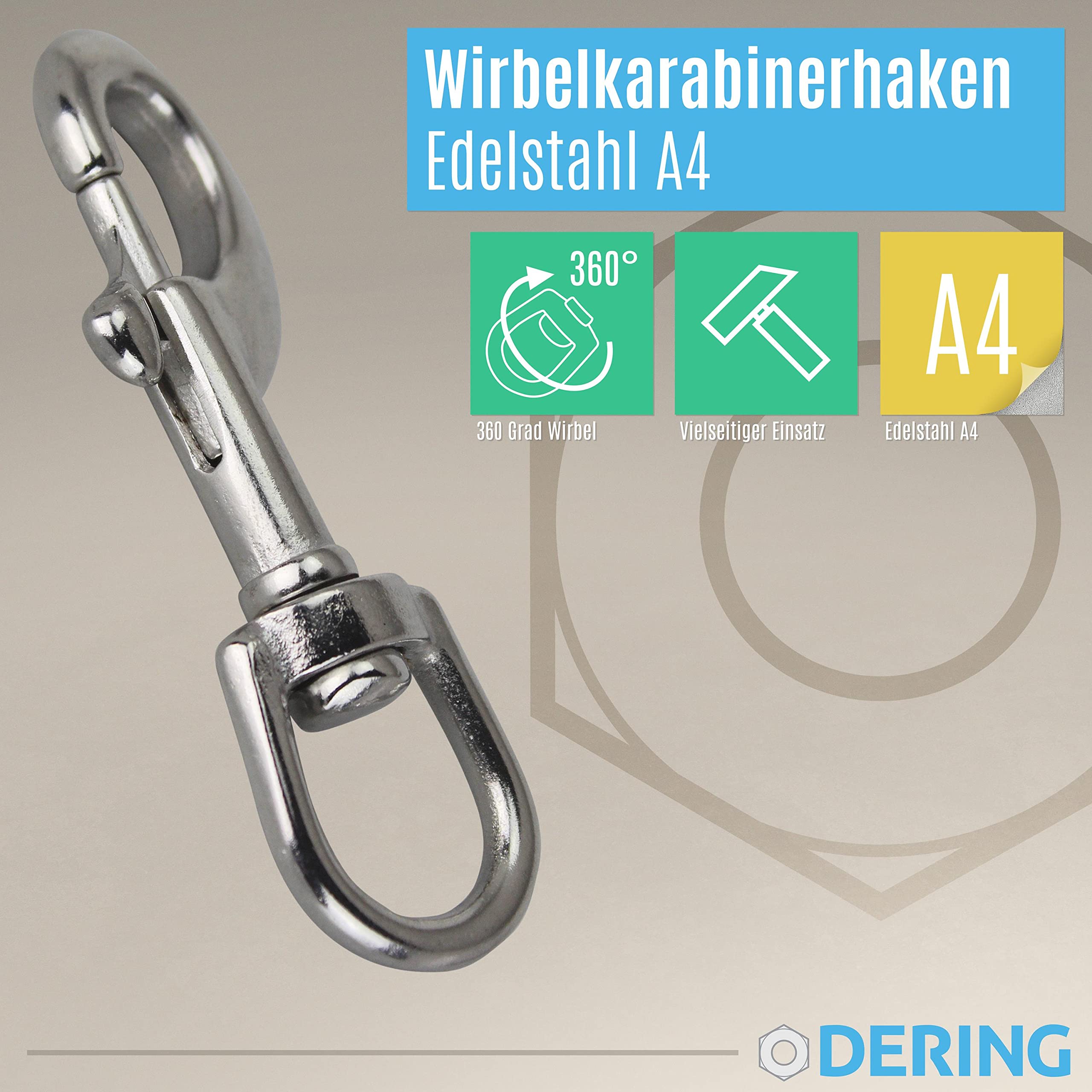 DERING Karabiner Haken mit Drehgelenk 5x87 mm 10 Stück Edelstahl Wirbelkarabiner