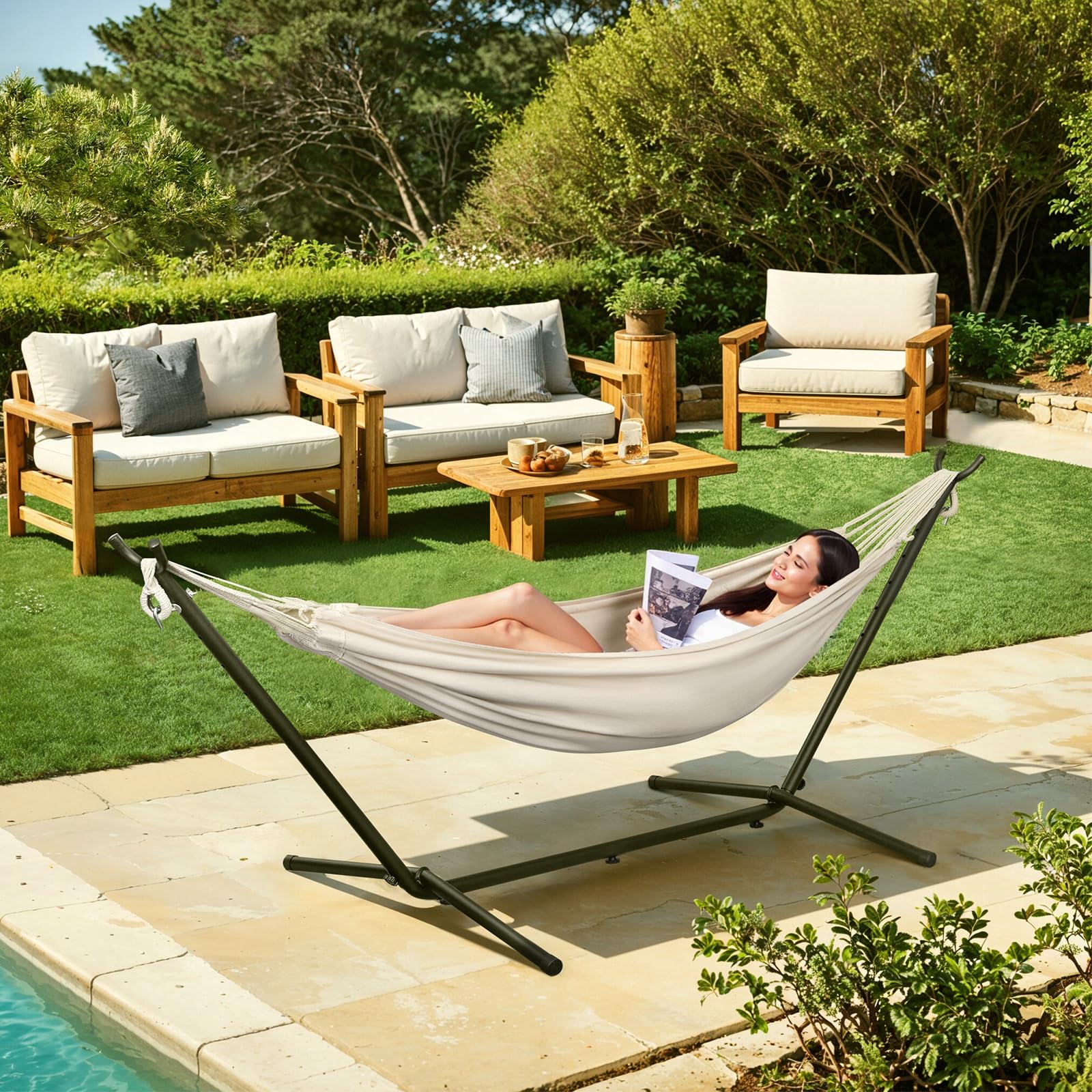 Laneetal Hamaca Jardín Tumbonas, Hamaca para 2 Personas con Soporte Metálico, Capacidad 250 kg, con Bolsa de Transporte, para Terraza, Jardín y Piscina, 280x106x100 cm (Beige, 280x106x100 cm)