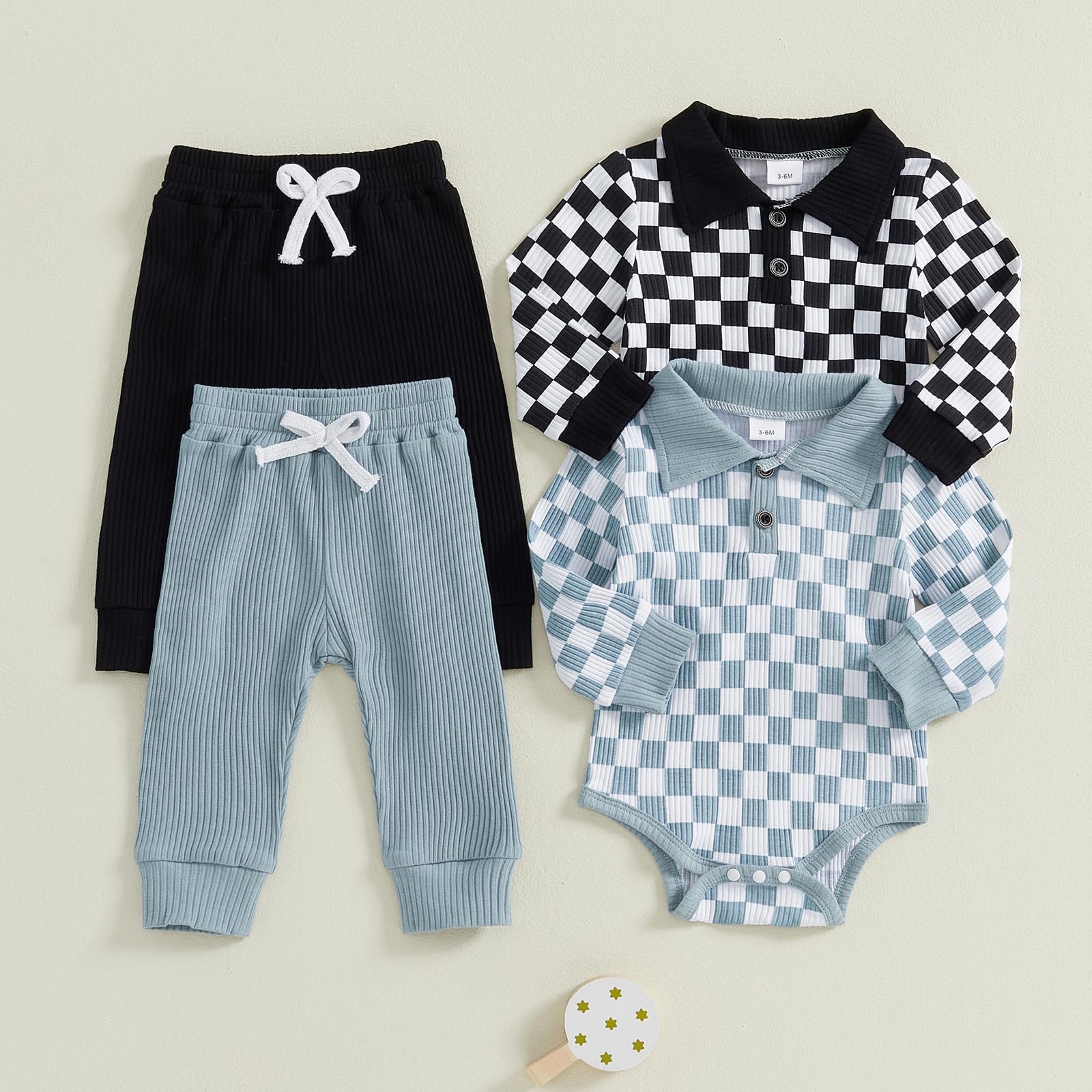 LIOMENGZI Infant Baby Boy Lapel Clothes Outfits Checkerboard Buttons Romper Sweatshirt Pant Toddler Fall Winter Clothes Set (Black, 12-18 Months)