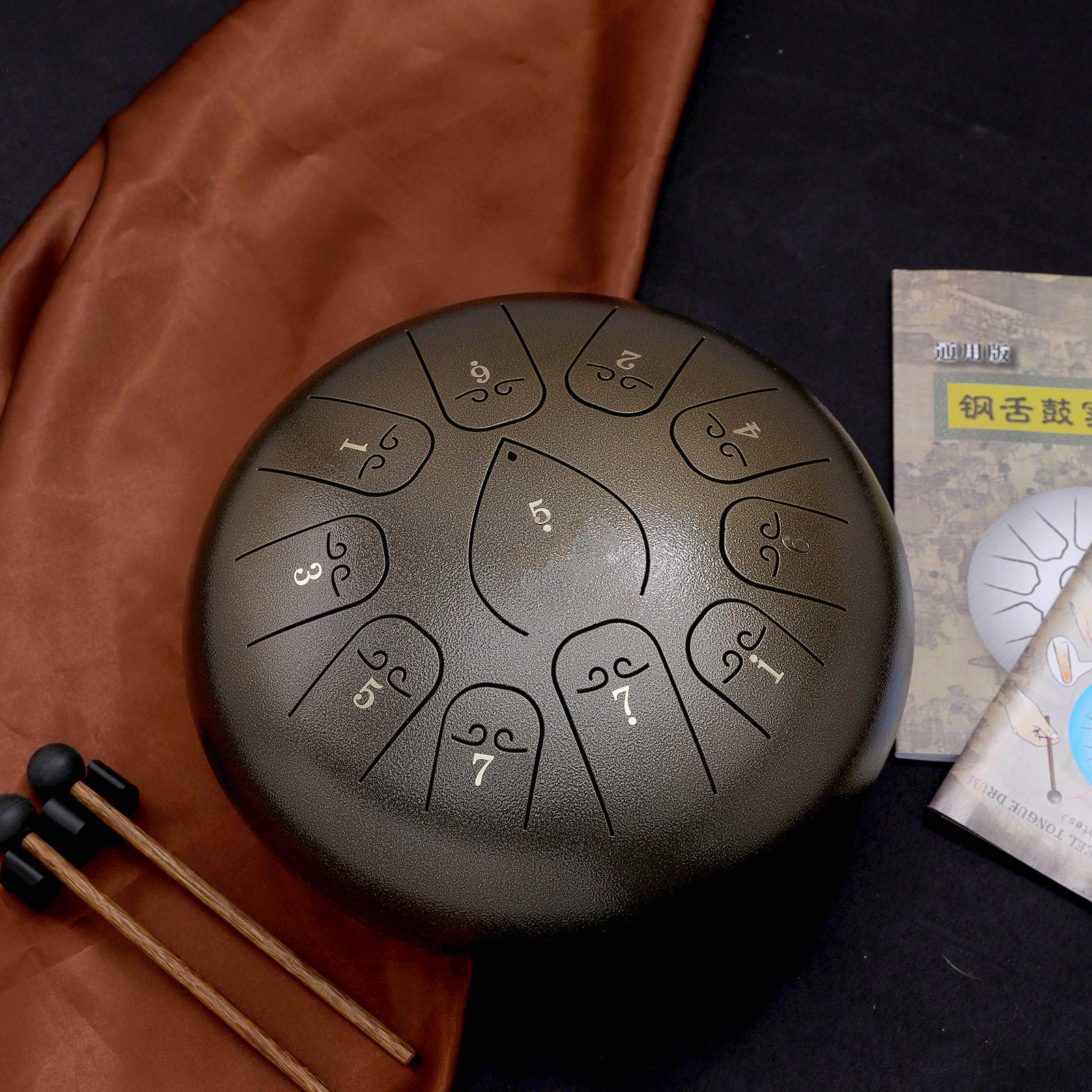Stalowy bęben dla dzieci Dorośli, 11 nut, 12-calowy bęben Handpan z torbą podróżną Music Book Mallets, instrument perkusyjny do koncertu Mind Healing Yoga, brązowy