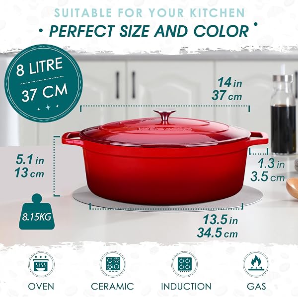vancasso Cocotte Ovale en Fonte Émaillée 8L, 37cm, x13cm, 8.15kg, Marmite avec Couvercle Pour Tous Feux dont Induction Rouge - 2