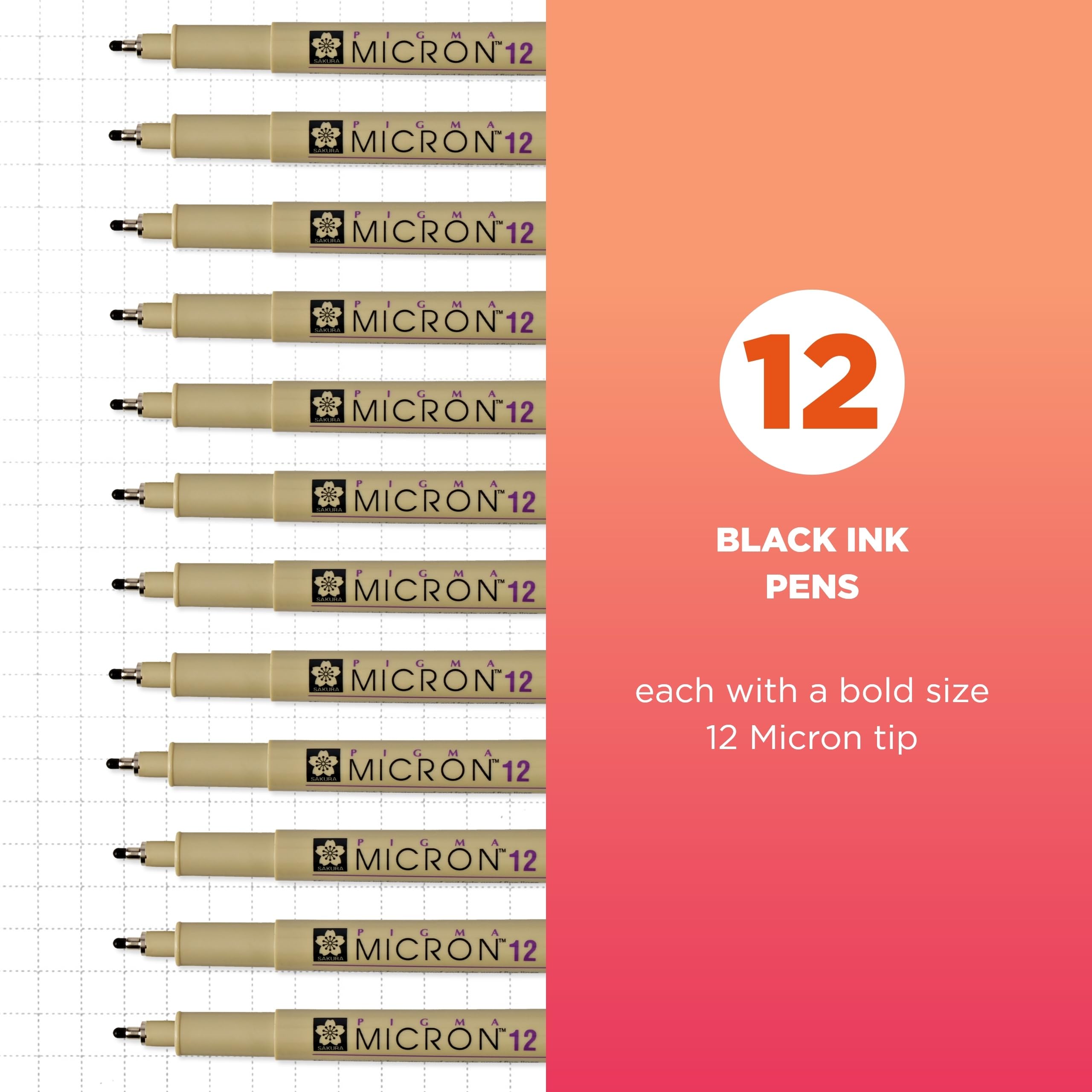 SAKURA Pigma Micron - Bolígrafos de punta fina, negro, 12 puntas gruesas, caja de 12 | Bolígrafos de tinta negra para escribir, dibujar o escribir en diario, marcas precisas que resisten la prueba del tiempo