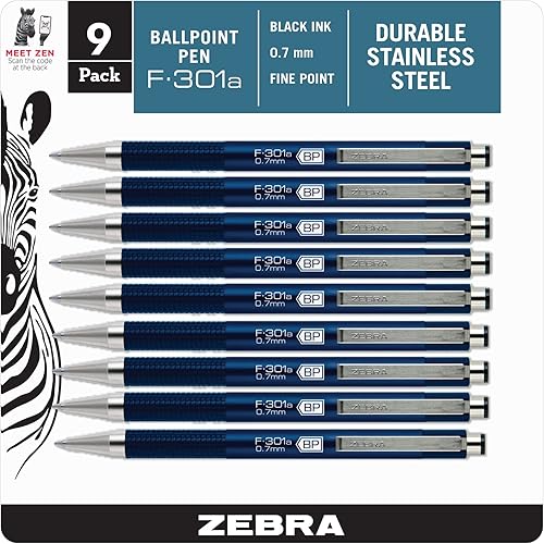 Zebra Pen F-301A - Bolígrafo retráctil barril de metal azul de alta calidad punta fina 0028in tinta negra paquete de 9 27602