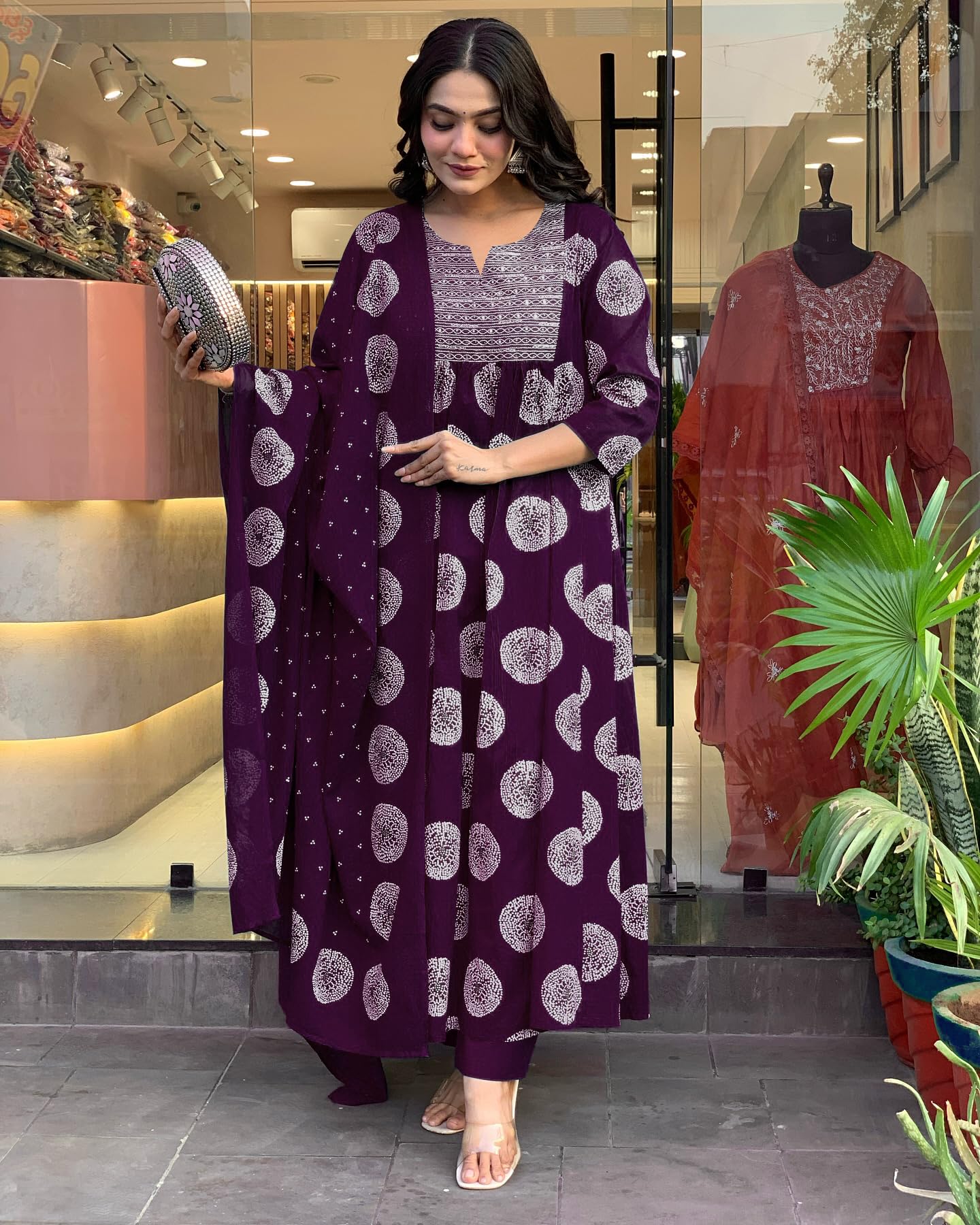 Toochki Dress For Women | Flared Dresses | Three Piece | Embroidered With Printed Work | Rayon Fabric | Wine | With Pant And Dupatta | Calf Length