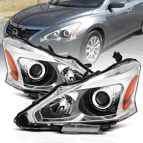 AmeriLite 2013-2015 Projector Chrome Housing Replacement Headlights Pair for Altima 4Dr Sedan Halogen Type - Driver and Passenger Side
