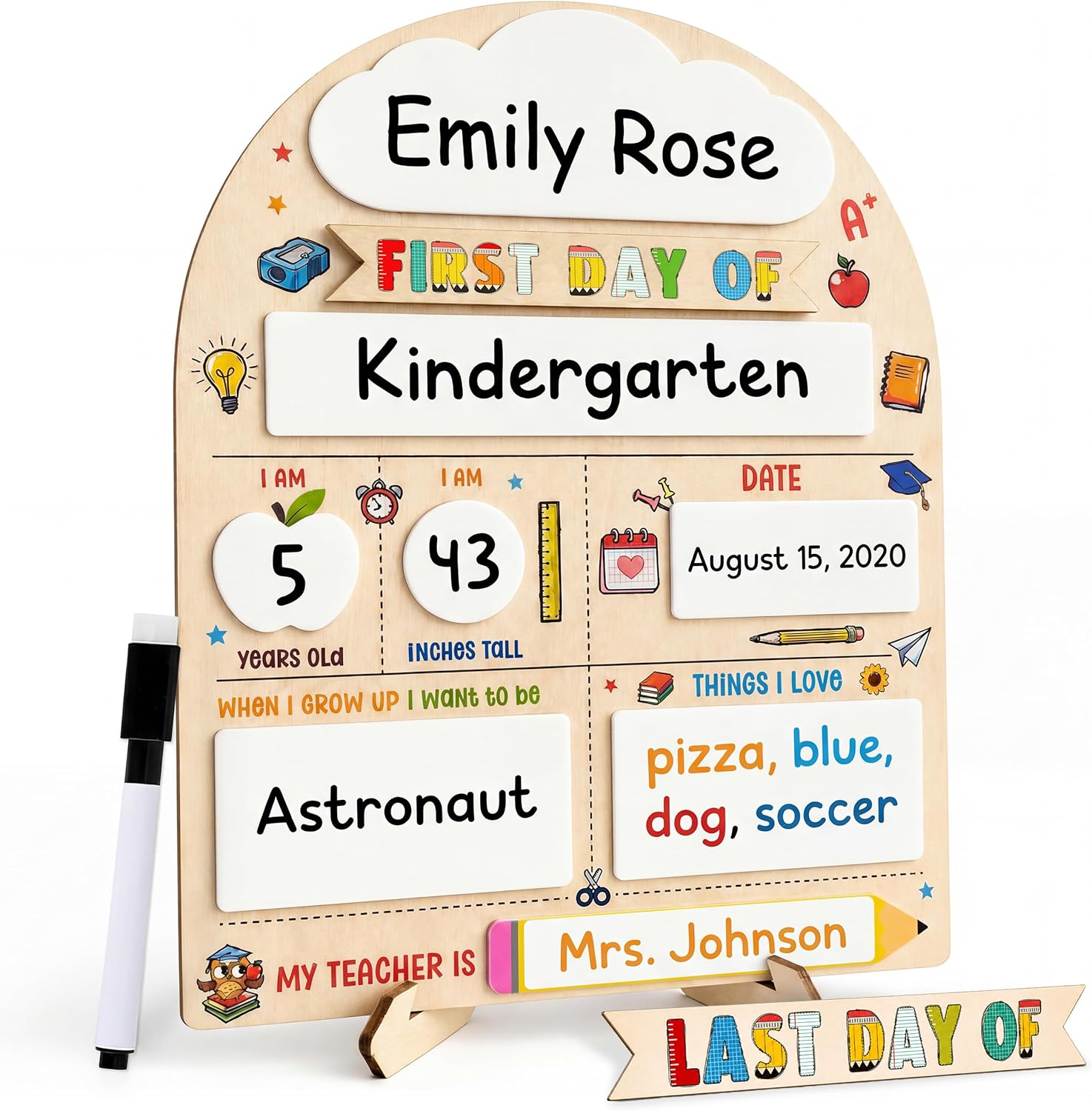 First And Last Day Of School Sign Wooden Gifts Gifts For Kids, Boys, Girls - My First Day Of School Sign With Markers - Back to Class Wooden Chalkboard for Kindergarten Simple To Erase And Reuse