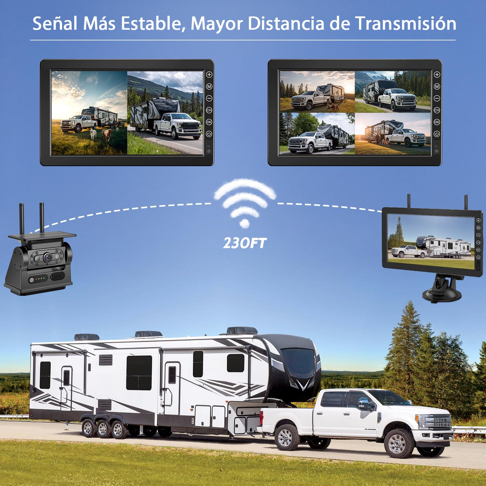 Solar Cámara de Marcha Atrás Inalámbrica, 7'' 1080P Monitor Magnética Inalámbrica Coche Cámara Trasera con 10000mAh Batería, para Furgoneta, Caravana, Remolque, Camiones(VS-7B)