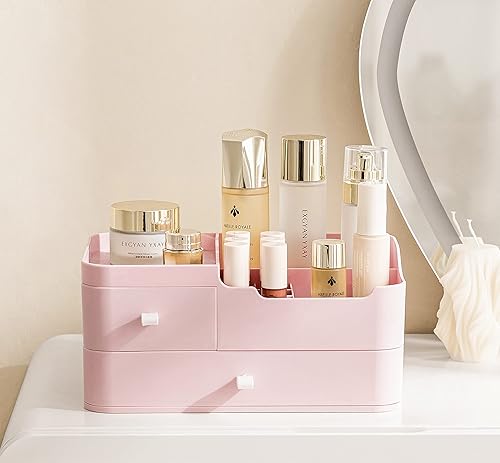 Miniatura 2 de HBlife Organizador de maquillaje de plástico para tocador con 2 cajones, organizadores grandes para el cuidado de la piel, 8 compartimentos,