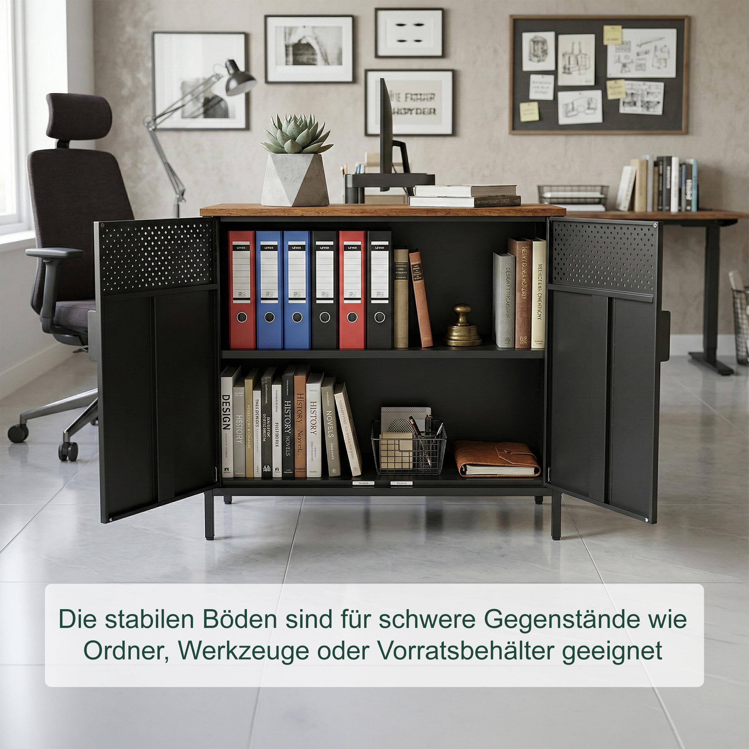 Relaxdays Metallschrank, HxBxT: 77 x 80 x 40 cm, 2 Türen, Verstellbarer Einlegeboden, Büroschrank Metall, schwarz/braun