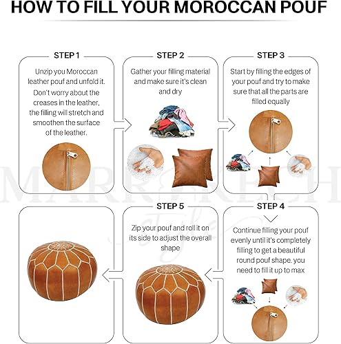 Miniatura 7 de MARRAKESH STYLE Cómodo puf otomano de cuero, hecho a mano, sin relleno, puf redondo y otomano con reposapiés, perfecto para salas de estar,