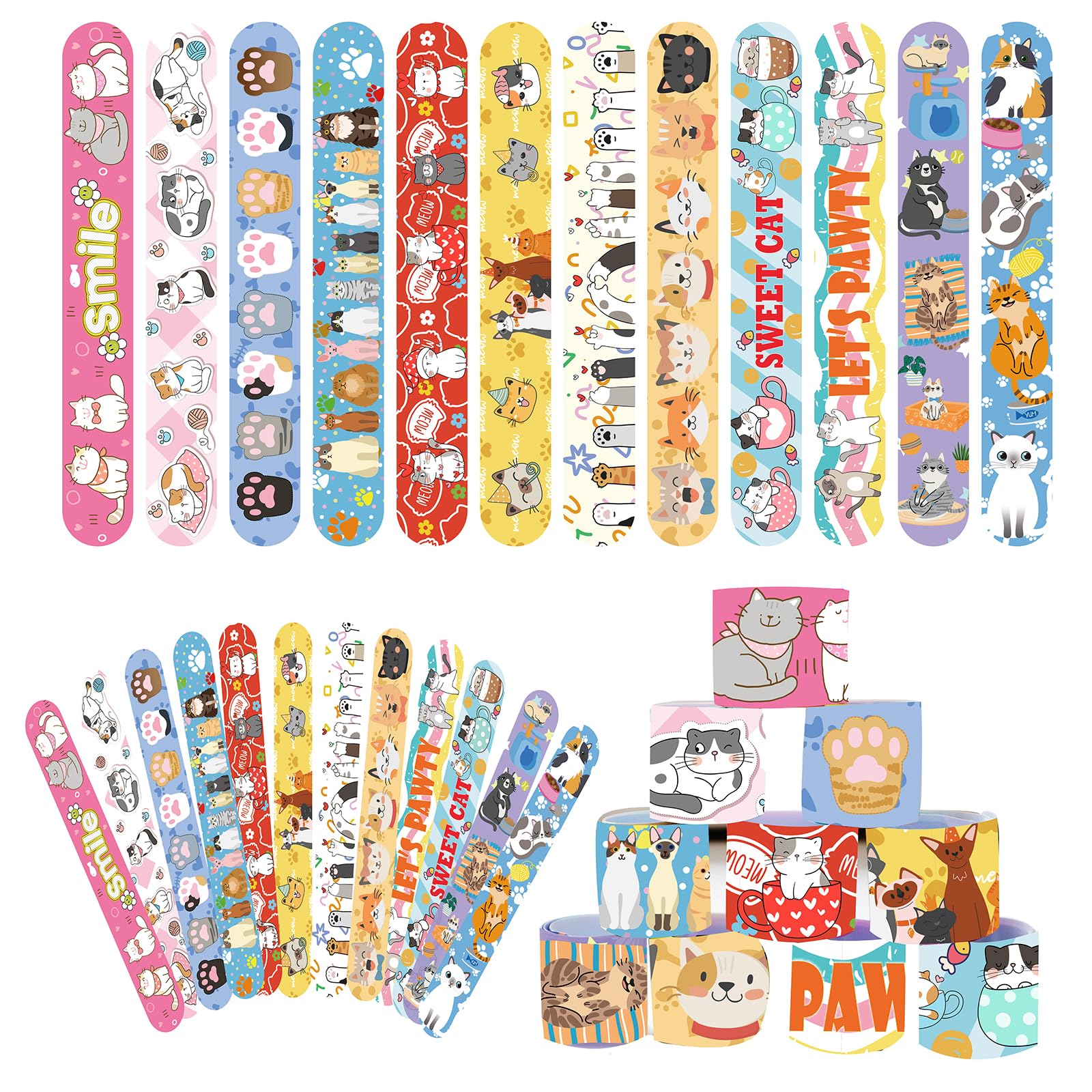 48 Pcs Slap Bracelets for Kids Holiday Party Favor Toys Slap Bracelets Bulk Cat Theme Snap Bracelet Birthday Party Supplies Classroom Prizes Wrist Bands Christmas Easter Halloween Holiday Gifts (Cat)