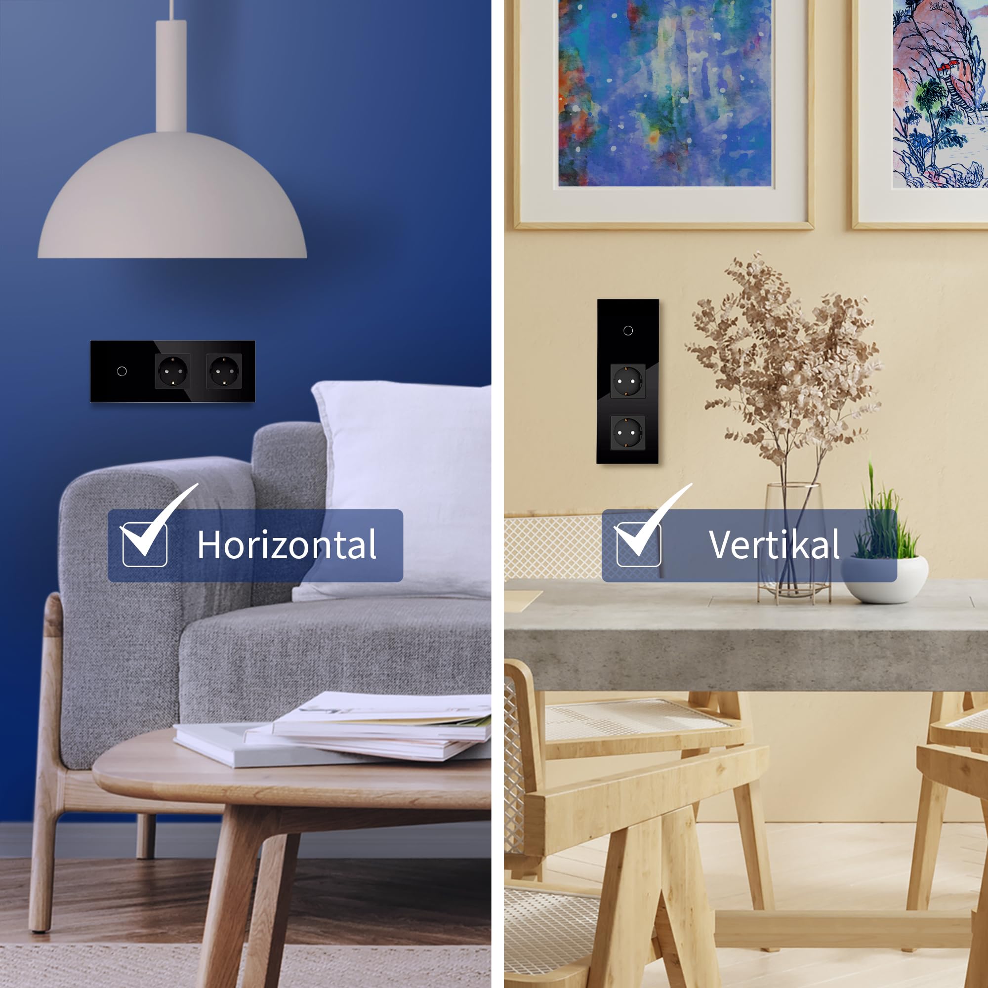 PULSAR Set di 2 interruttori per tapparelle Wi-Fi, da incasso, 1 via, nero, con cornice in vetro, funzione timer e compatibile con Alexa e Google Home
