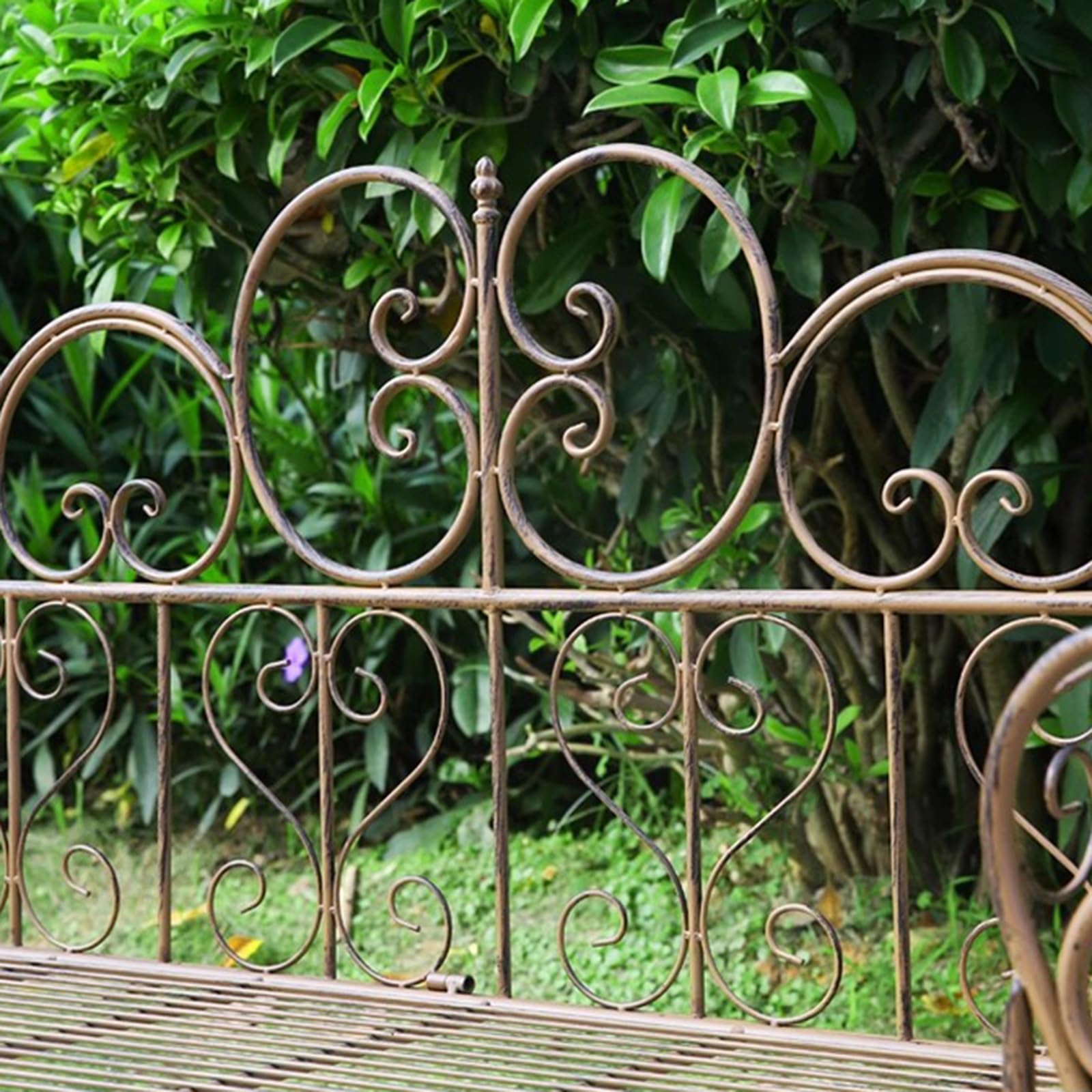Panchina da Giardino in Ferro Battuto da 127 cm, Panchina da Esterno con Schienale e Braccioli per Cortile, Bordo Piscina, Prato(Brown)