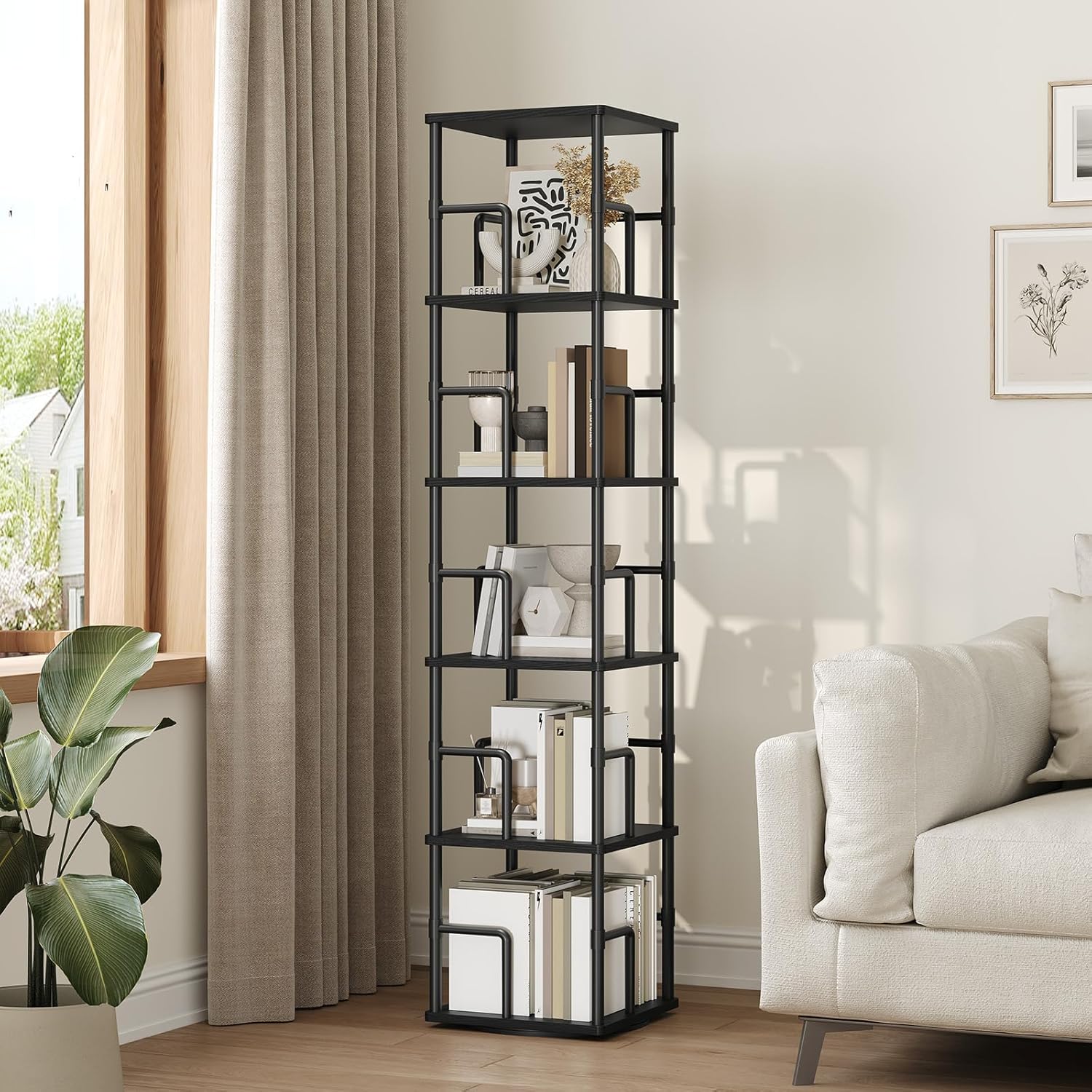 MAHANCRIS 5-Tier Rotating Bookshelf, Freestanding Corner Bookshelf, 360° Spinning Bookcase, Industrial Style Storage Rack with Rails, for Living Room, Bedroom, Study, Black BKBK1601