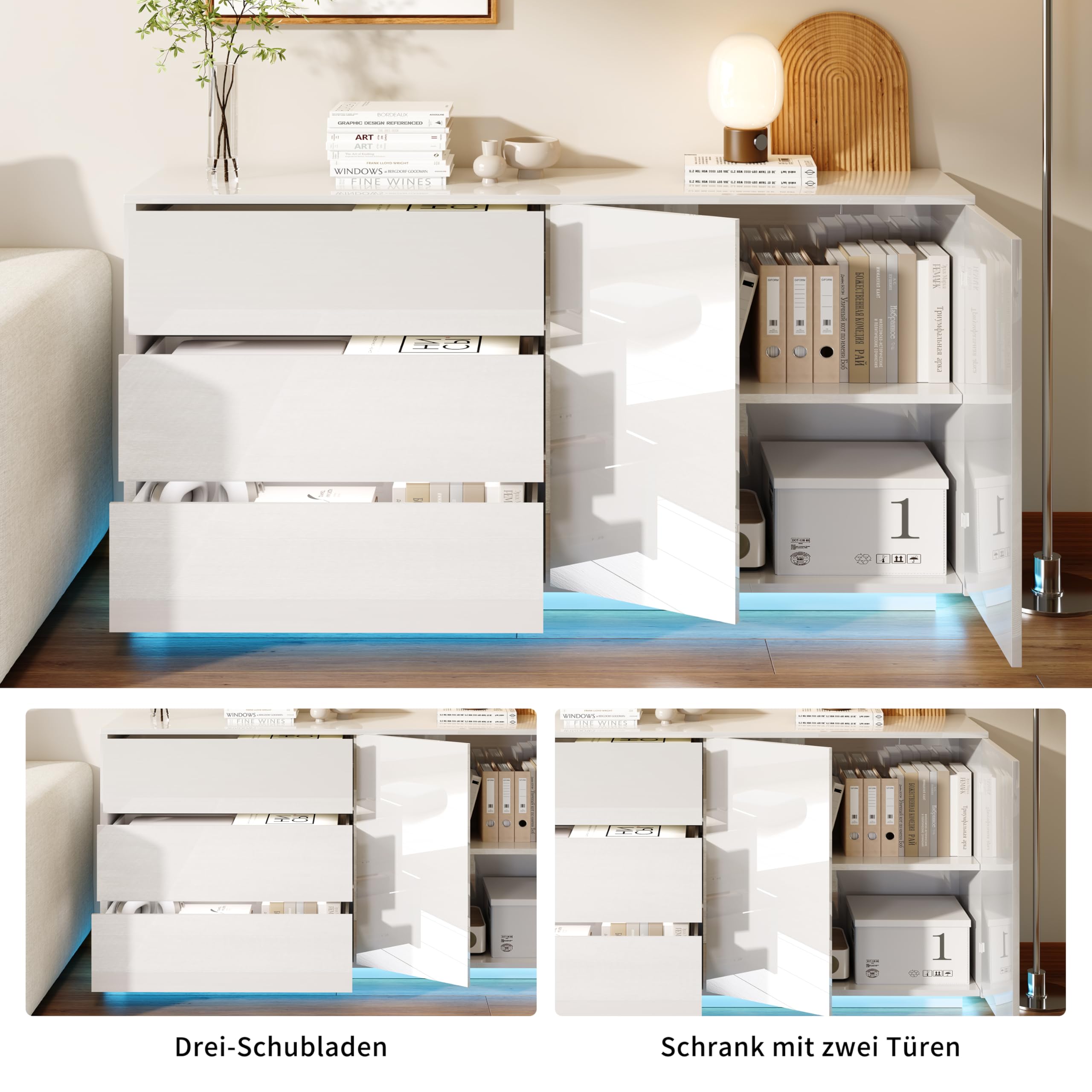 DULRLLY Kommode Weiß Hochglanz mit LED Beleuchtung, Sideboard Weiss Hochglanz 160cm mit 2 Türen und 3 Schubladen, Küchenschrank Buffets Anrichte, Buffetschrank Modern für Schlafzimmer Esszimmer Flur