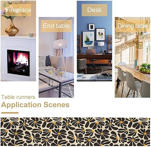 Miniatura 6 de Camino de mesa floral hippie de los años 70, diseño retro abstracto de margaritas negras, camino de mesa rústico para cocina, mesa de comedor,