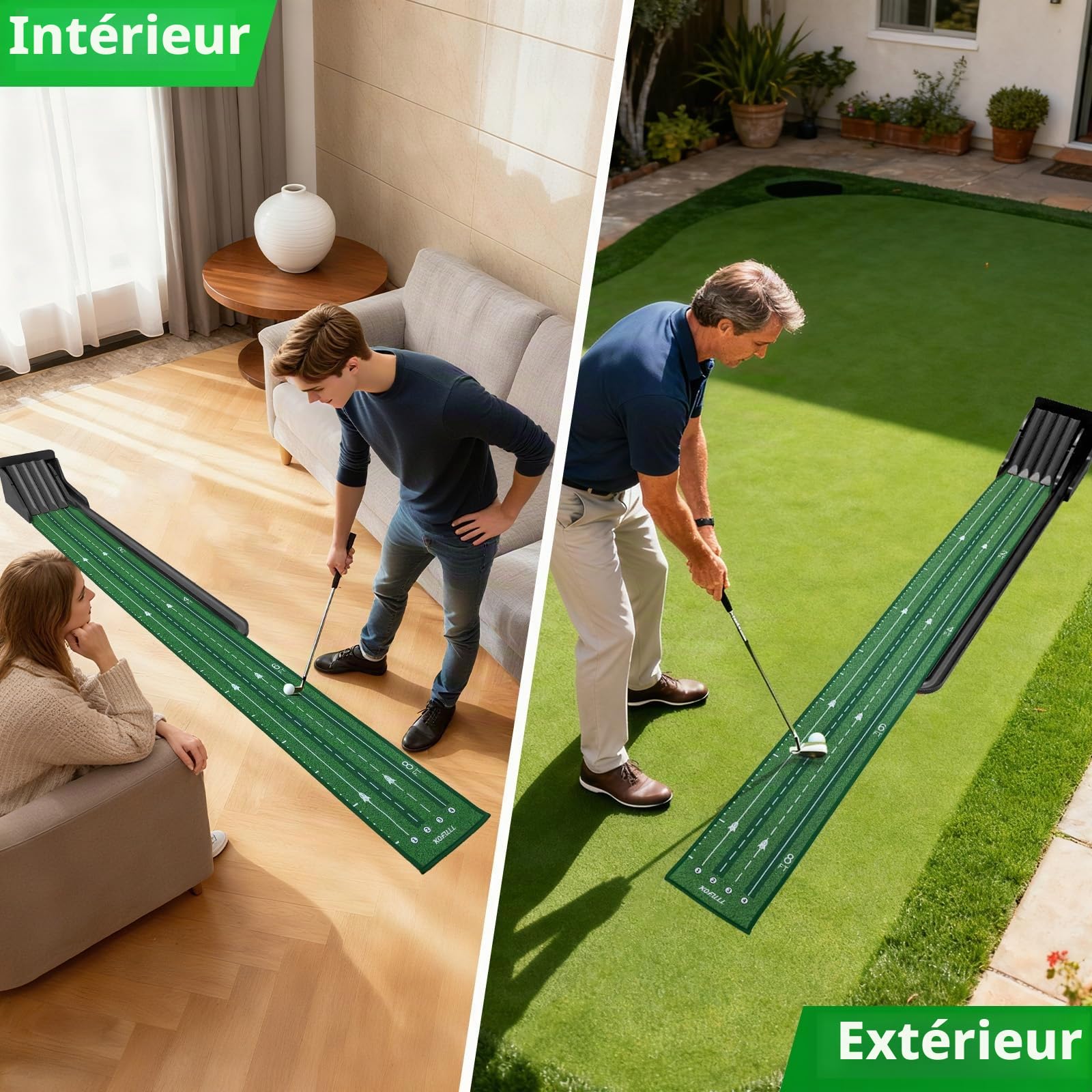 KOFULL Tapis de Putting Entraînement Golf d'intérieur pour la Maison, Le Bureau, l'intérieur et l'extérieur