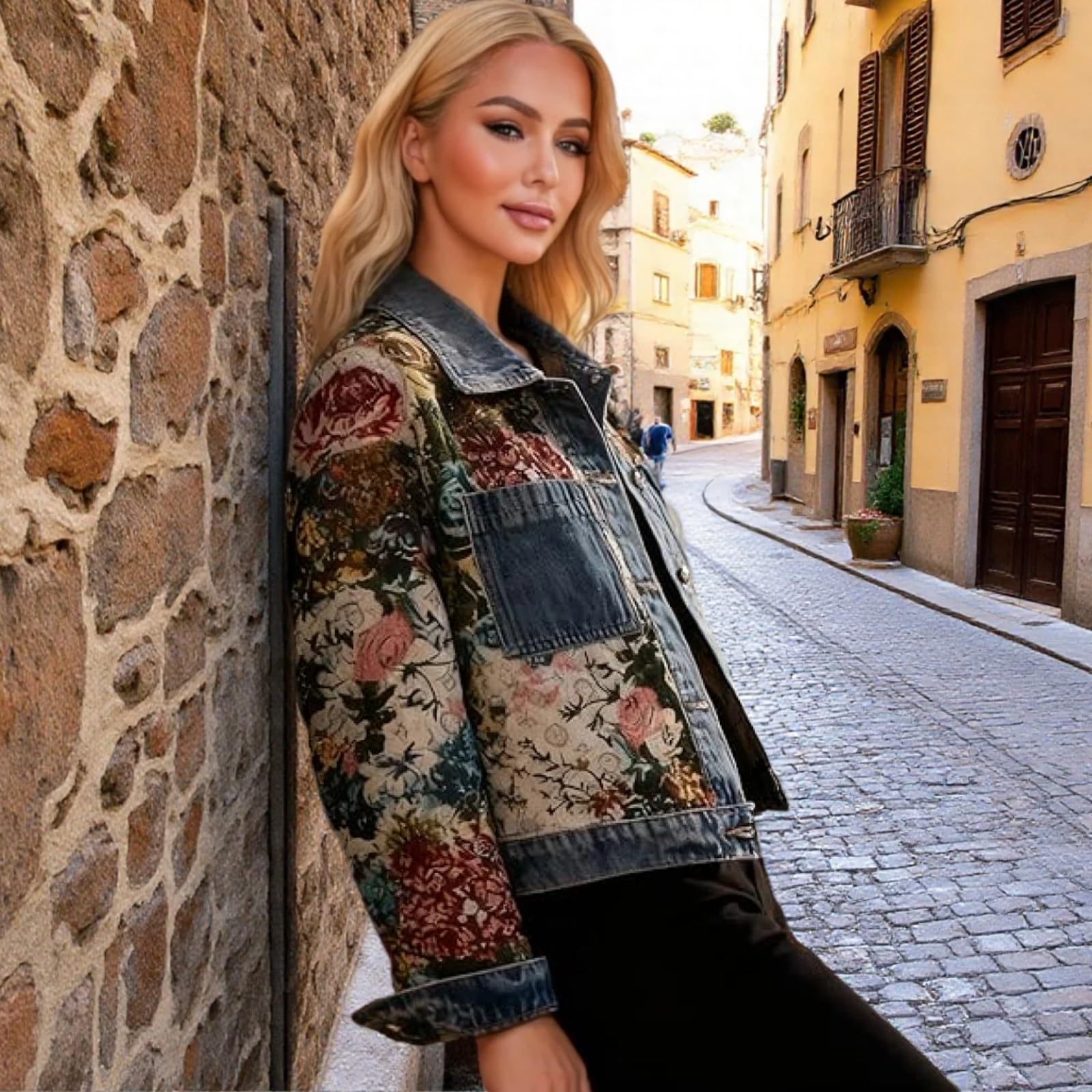 Damen Blumen Denim Jacke, Langärmelige Jacquard Vielseitige Jean Jacken, Floral Print Jeansjacke für Herbst