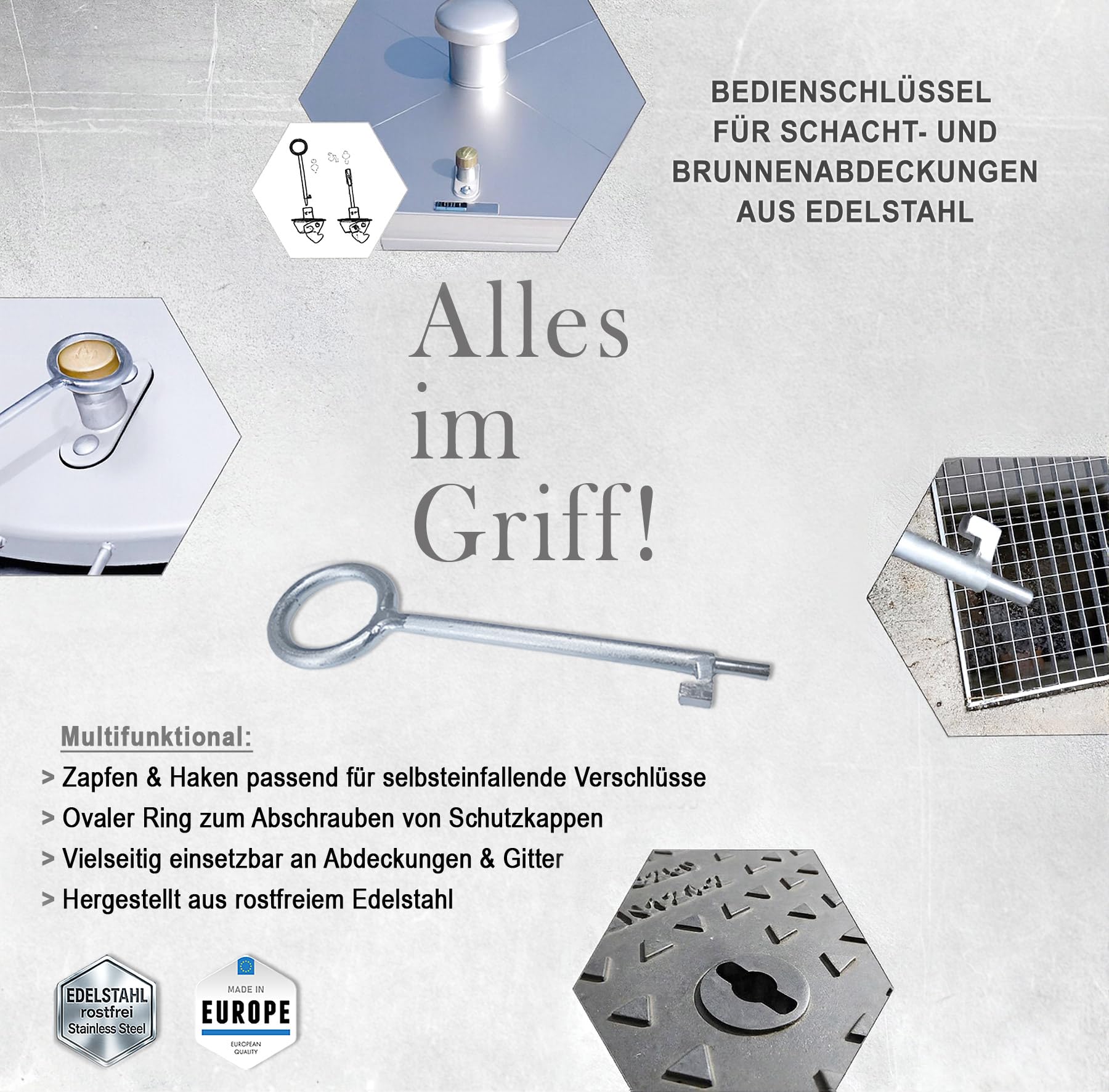Aushebe- und Bedienschlüssel für Schacht, Brunnen und Edelstahlabdeckungen, Bedienungsschlüssel, Schlüssel zum Öffnen von Schachtdeckel, Werkzeug f. Abdeckungen, Gitter, Rost, Hakenschlüssel
