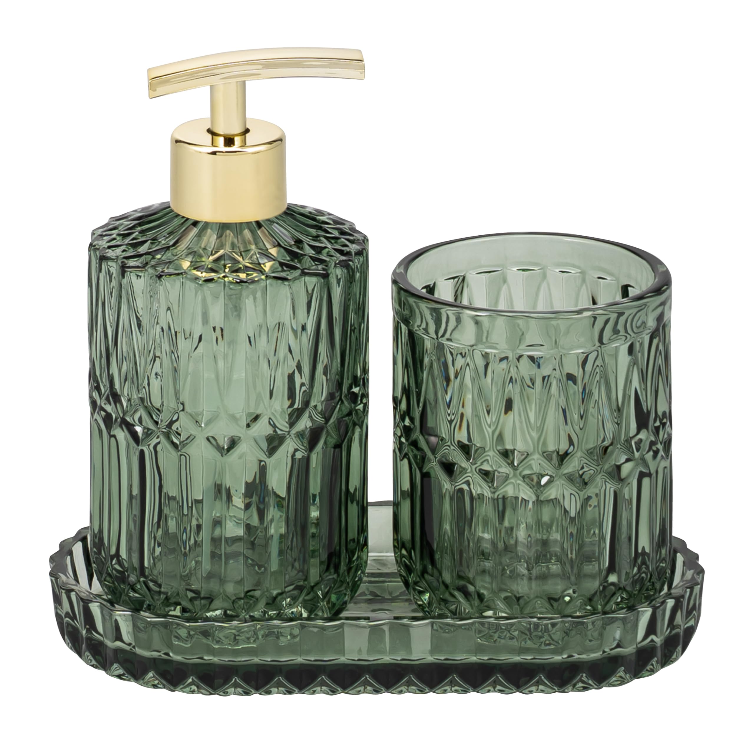 eluno Burano - Juego de 3 accesorios de baño redondos de cristal, compuesto por 1 dispensador de jabón, 1 vaso y 1 cuenco, ideal para baño, aseo de invitados y cocina (verde)