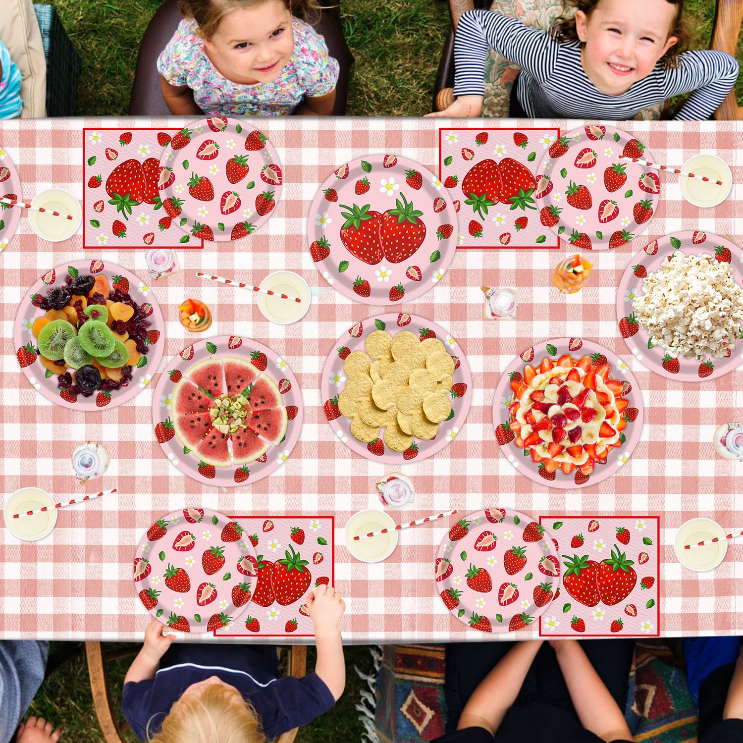 84 stuks aardbeienborden en servetten, serviesset, fruitthema
