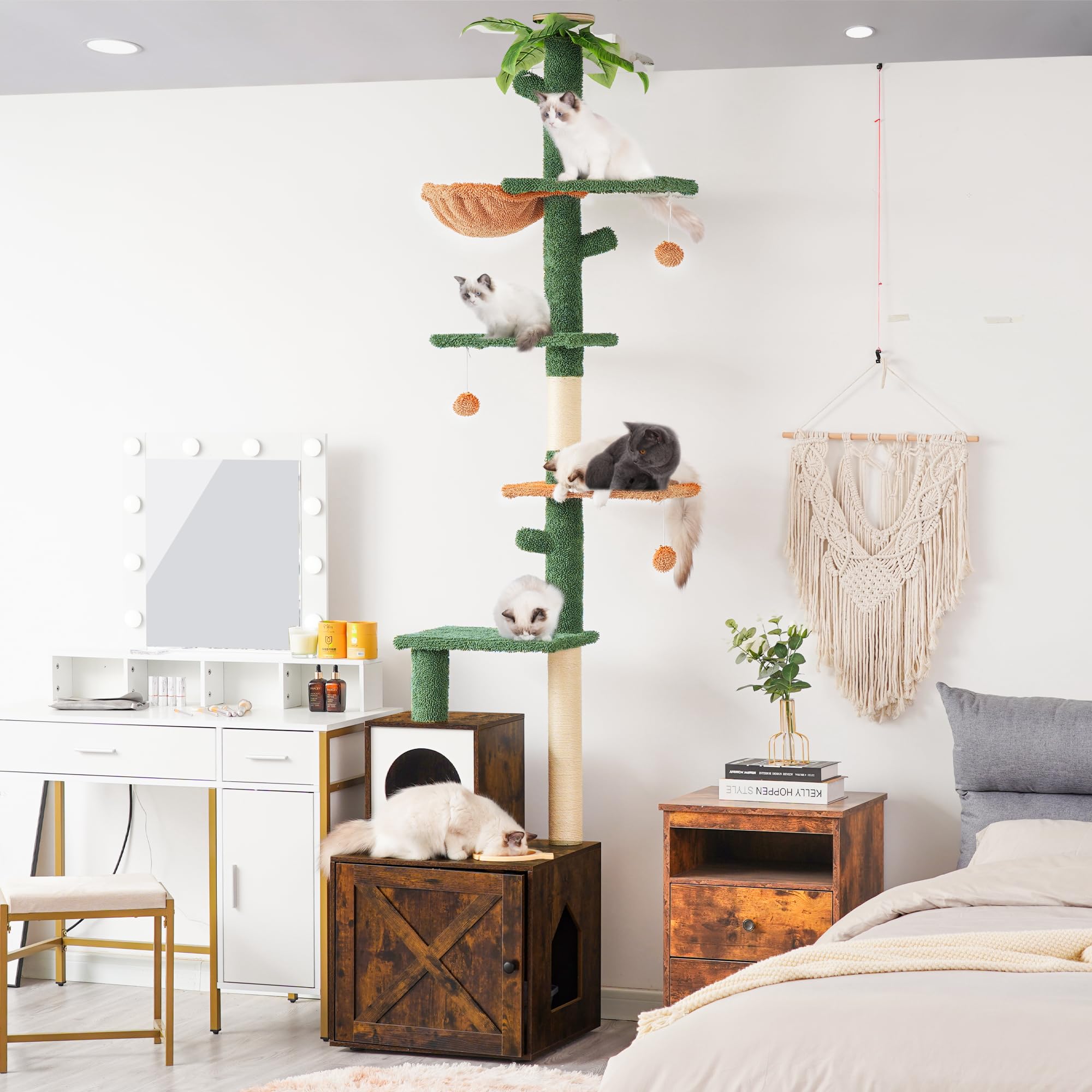 Heybly Cat Tree Floor to Ceiling Cactus Cat Tower with Adjustable Height (97-108 Inches) and Wood Litter Box Enclosure,Cat Condo Furniture with Cozy Basket and Scratching Board Rustic Brown HCT104SR