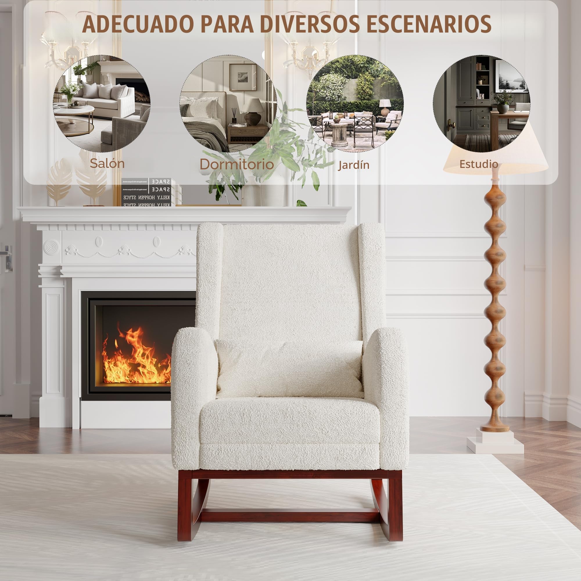 Silla Mecedora Escandinava, Sillón de Lactancia, Silla de Ocio y Descanso de Tela con Patas de Madera y Metal para Salón, Dormitorio (Beige-A - Con Descanso - Patas)