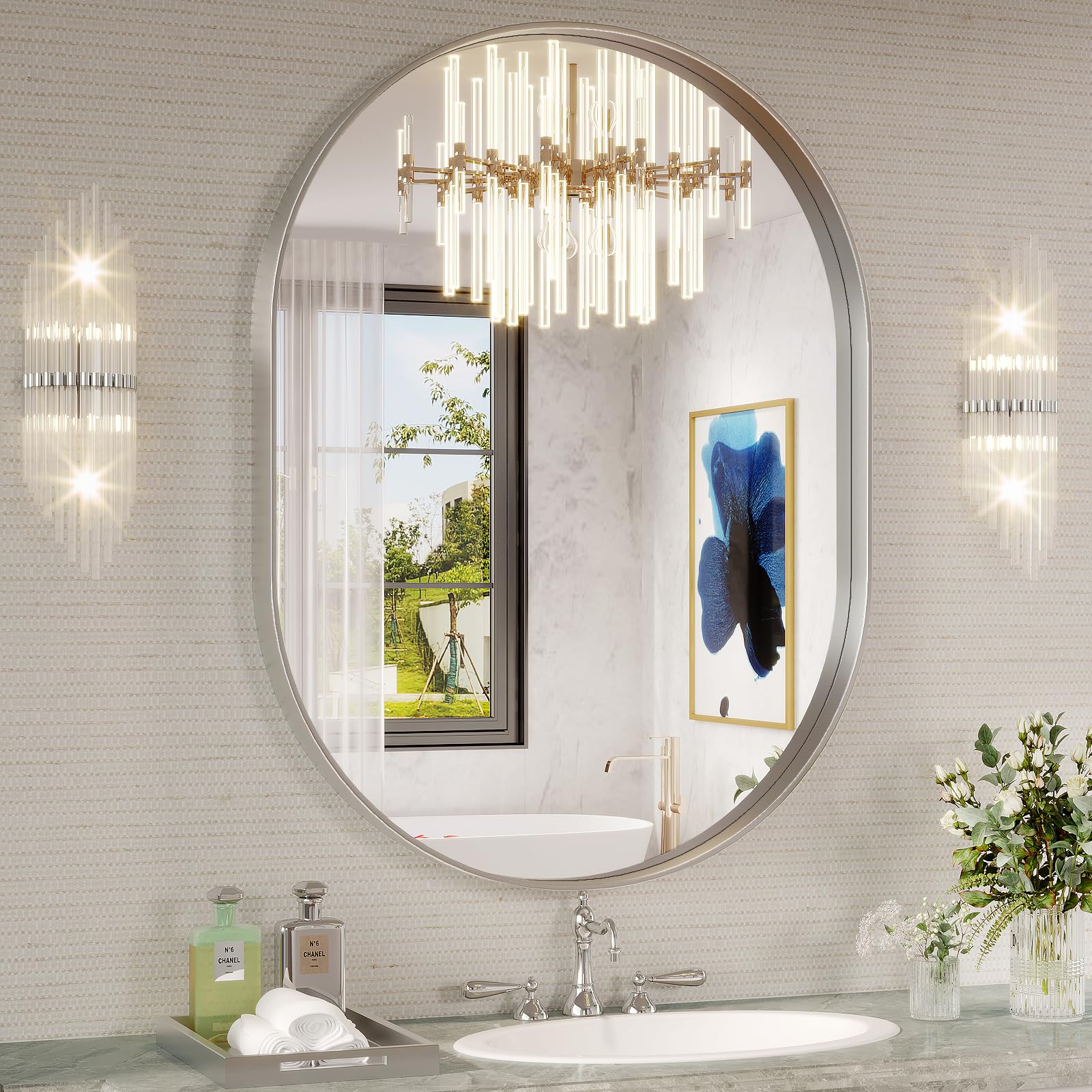 Oval Mirror, 24"×32" Silver Bathroom Mirror, Oval Mirror for Bathroom, Silver Vanity Mirror for Wall, Entryway, Living Room, Wall Mount Mirrors Hangs Vertical or Horizontal