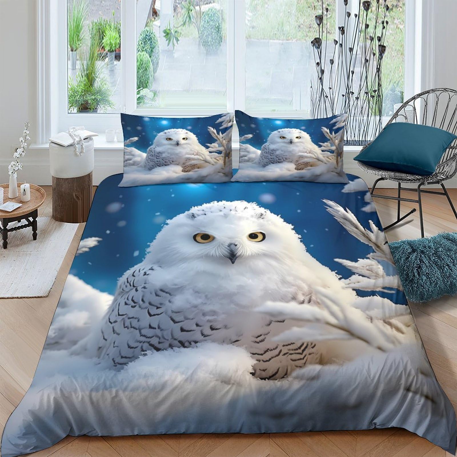 TUFRTGYHN 3D Printed Snowy Owl Duvet Cover Microfiber Soft Breathable Winter Forest Bedding Set with 2 Pillowcases for Bedroom Decor Single（135x200cm）