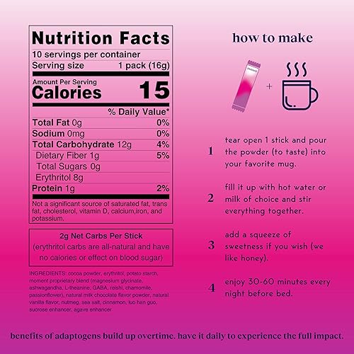 Miniatura 6 de Moment Zero Sugar Chocolate Dream Blend Chocolate caliente en polvo con adaptógenos hongo Reishi Gaba Magnesio Flor de la pasión y Manzanilla para