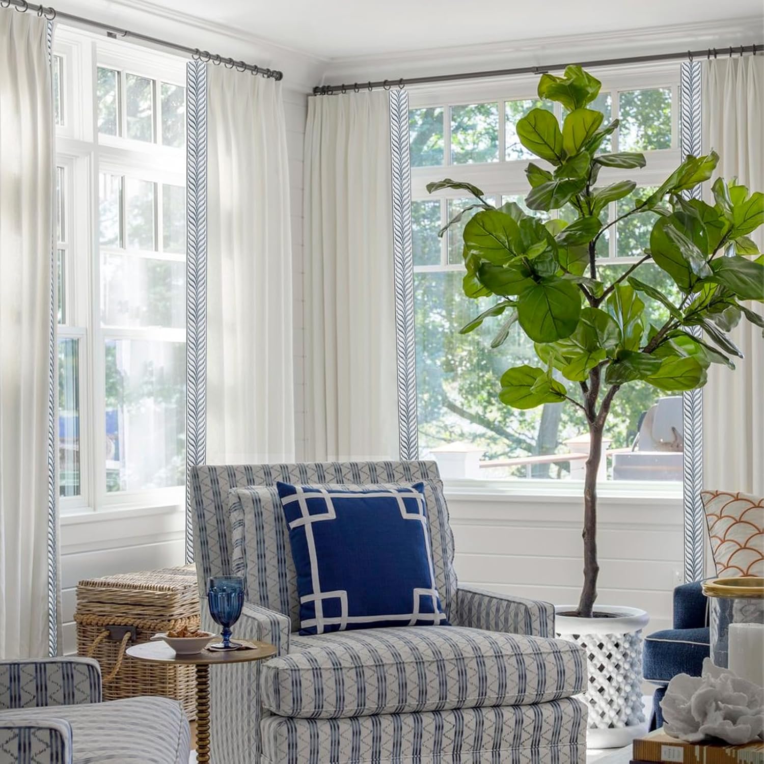 Embroidery Trim Linen Pinch Pleated Curtains, Gorgeous Window Panels with Light Filtering Lining for Living Rooms and Bedrooms. (2 Panels,Beige White V1,40Wx96L)