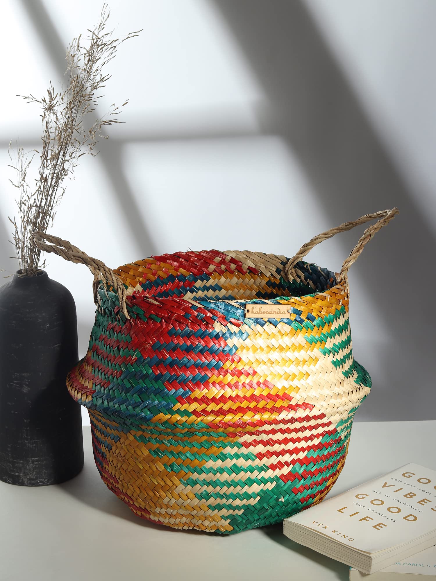 Habere India-All The Cultures Fabricating India Wicker Basket For Plants | Seagrass Baskets Home Décor | Bamboo Storage Organiser | Bamboo Planter Baskets Cylindrical (L) – Multi (Dia 35 x H35 cm)-image-19