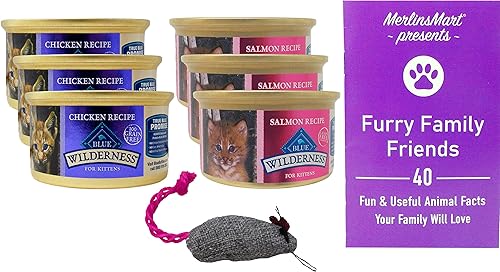 Blue Wilderness - Alimento para gatos sin granos, 2 sabores, 6 latas, (3) cada uno pollo, salmón (3 onzas) - Paquete de folleto de juguetes de