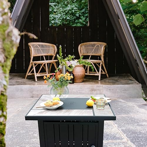 Miniatura 7 de Fogata de propano de 30 pulgadas con mesa de cerámica real, mesa de gas de 50000 BTU con tapa y roca de vidrio, hoguera al aire libre para comedor o