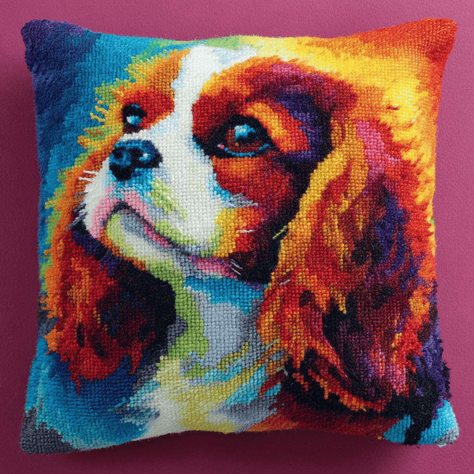 kitphoenix Latch Hook Rug Making Kit for Cushion 43x43 cm,Charles Spaniel,DIY Craft Set with Colour Printed Canvas,Pre-Cut Yarn,Crochet Hook and Instructions