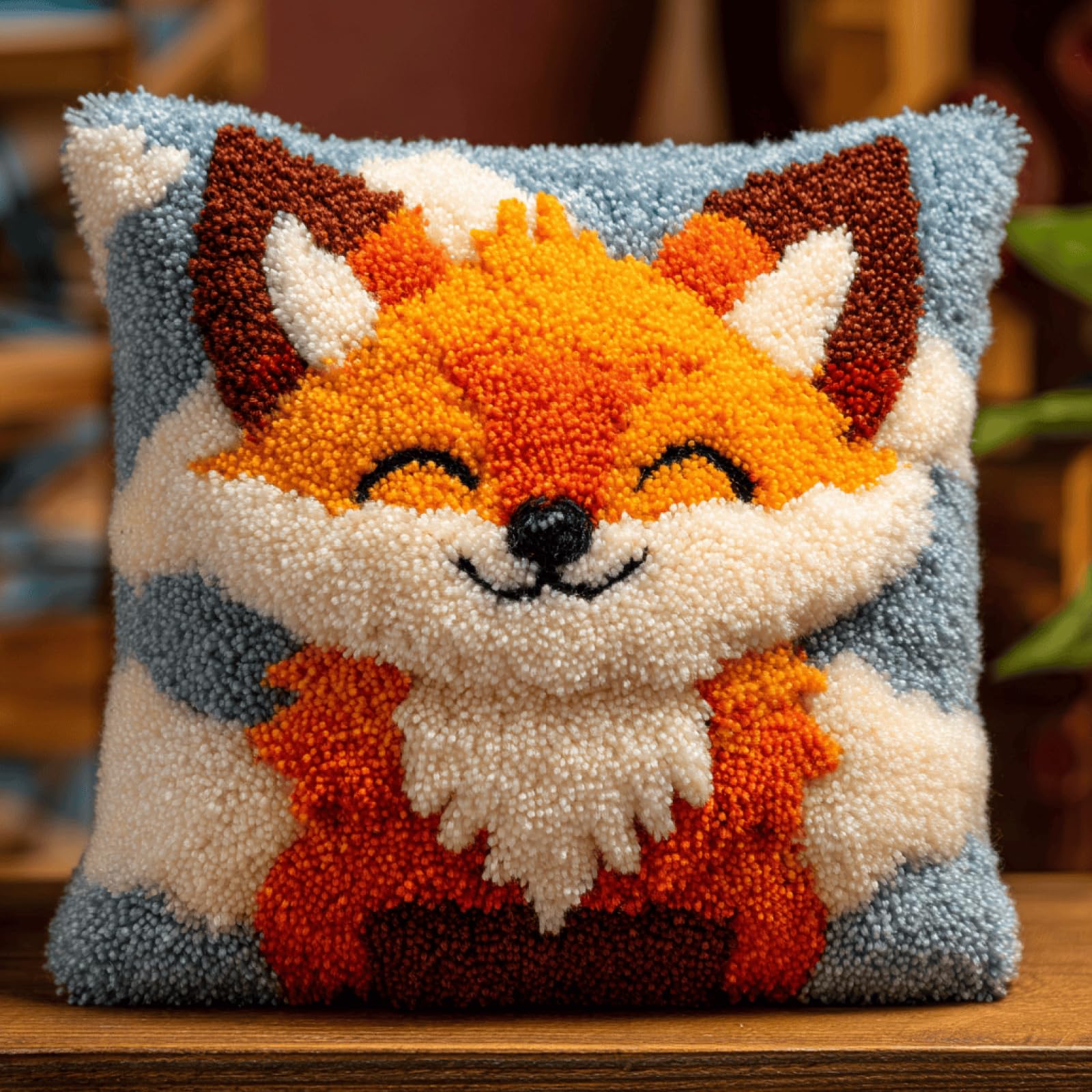 kitphoenix DIY Latch Hook Cushion Kit 43x43 cm,Animal Fox,Cushion Making Kit with Pre-Cut Yarn,Printed Canvas,Crochet Hook & Instructions,Embroidery Craft Kit for Beginners & Adults