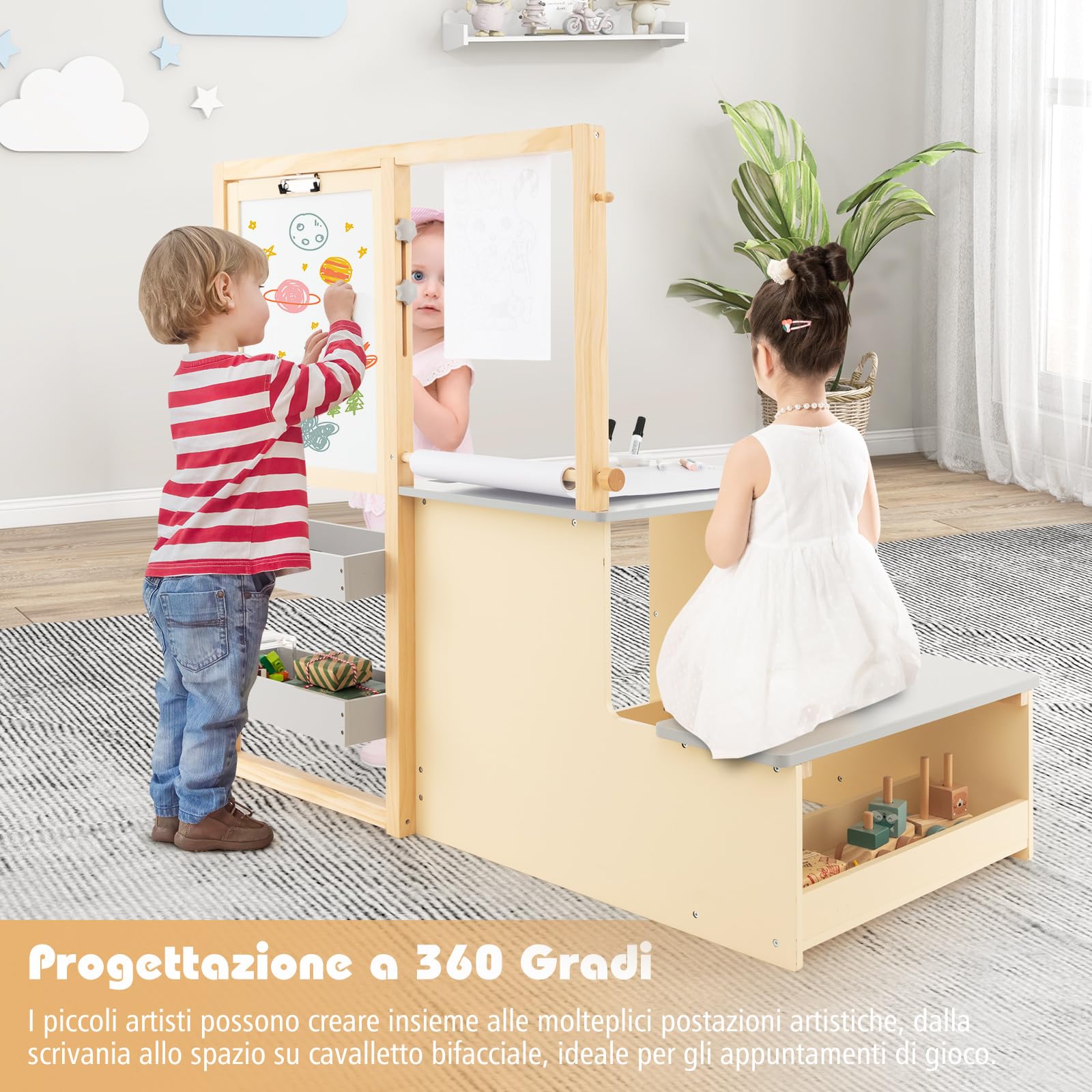 RELAX4LIFE Set Tavolo con Sedie 3 in 1, Cavalletto Regolabile/Scaffale/Scrivania/Lavagna Bianca/Lavagna Nera/Libreria con Tazze,Pennarelli,Gomma, Gessetti,114x81x100 cm (GRIGIO)
