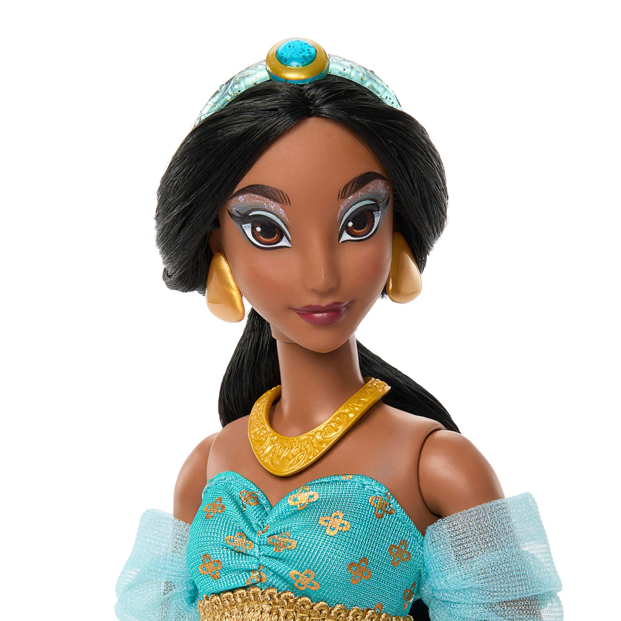 Mattel Disney Princesas Sparkling Princess Jasmine Muñeca y Accesorios con Ropa, Zapatos, Collar y Pendientes de Quita y pon, Inspirada en la película, JMP63