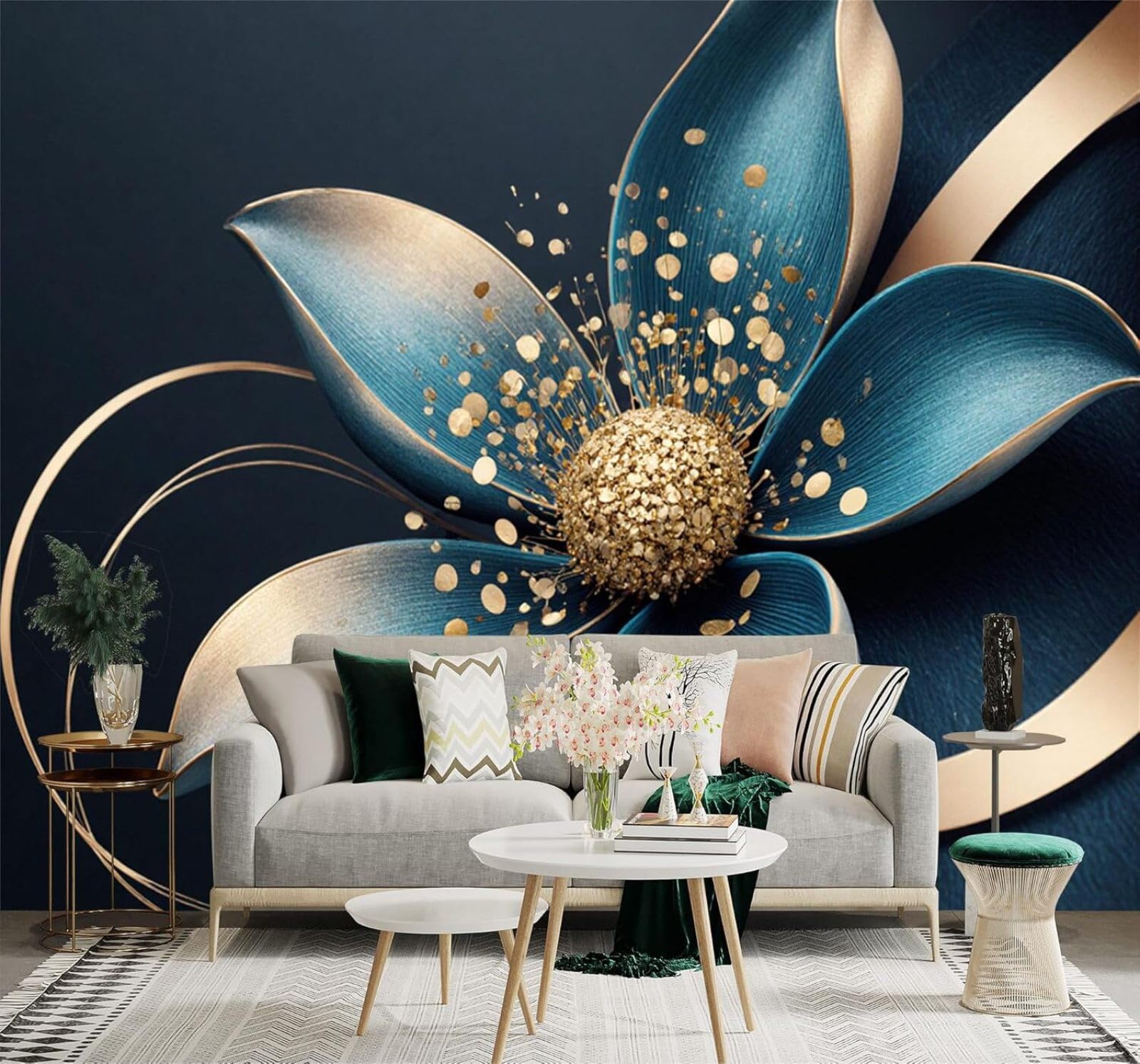 XLMING Creative Blue and Gold Flowers Metallic Petals Art 3D Wallpaper Silky Texture Home Study Office Grey Dining Room Sofa Bedroom Living Room TV Backdrop-150cm×105cm