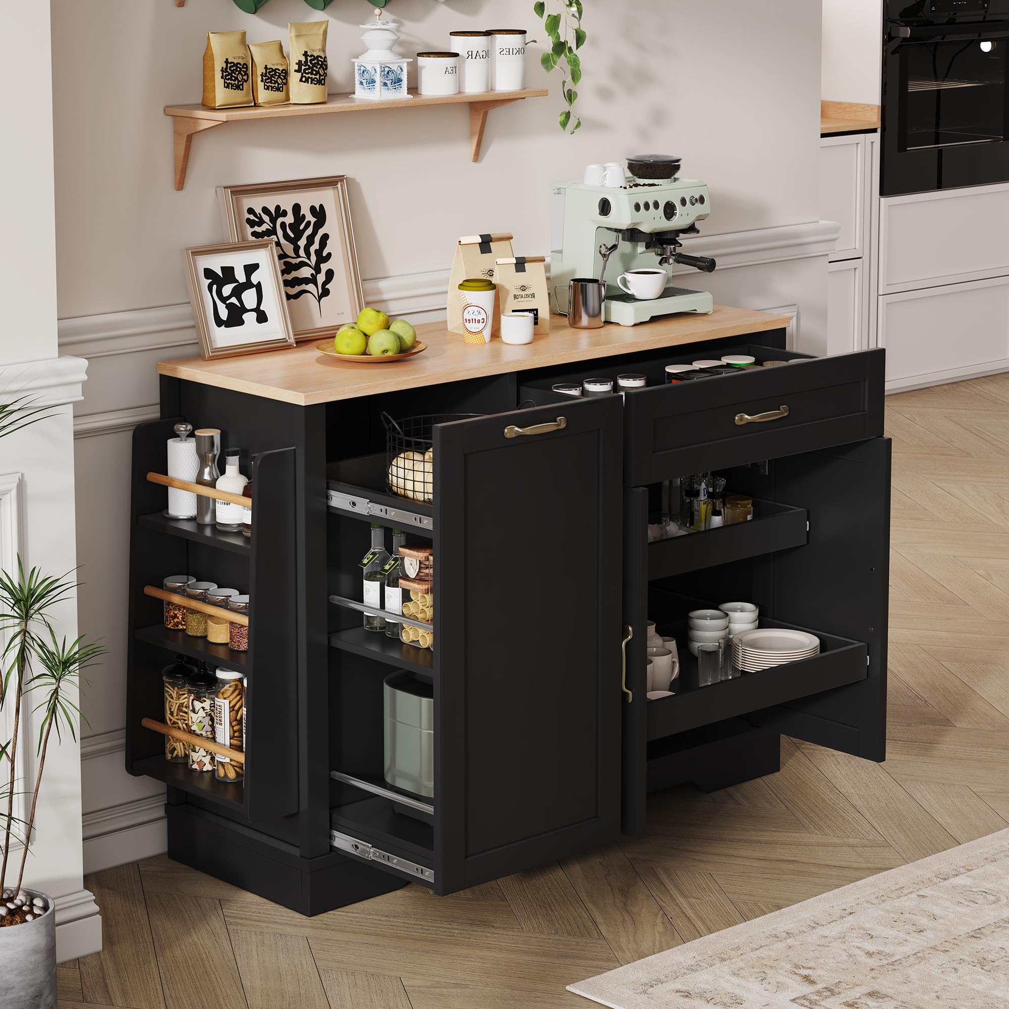 îLot De Cuisine avec Rangements, Meuble De Cuisine avec Tiroir Et Armoires Escamotables, Desserte D'îLot De Cuisine pour La Salle à Manger Et Le Salon