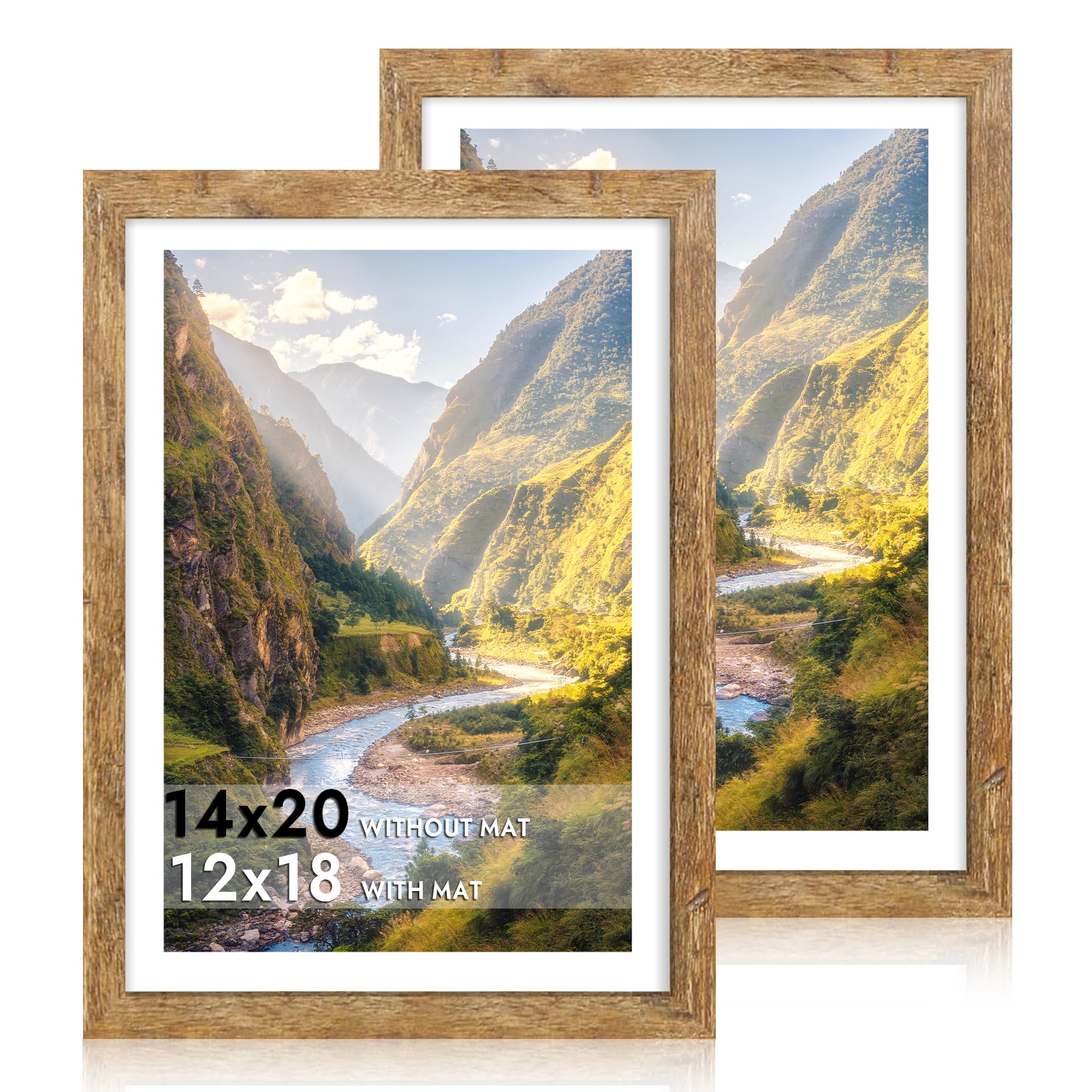 iRahmen 14x20 Picture Frame Set of 2, Brown Rustic Wood Poster Frame with Plexiglass, Display 12x18 Pictures with Mat or 14 x 20 Without Mat for