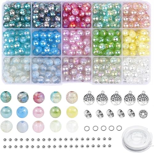 Miniatura 1 de 450 cuentas redondas de vidrio de 0.315 pulgadas para hacer pulseras, kit de fabricación de cuentas brillantes de 15 colores para adultos, cuentas