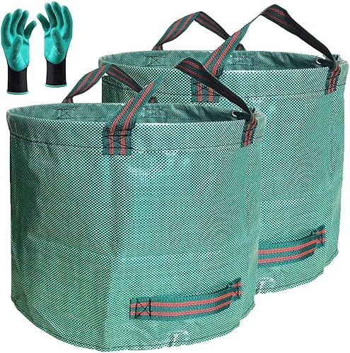 Paquete de 2 bolsas profesionales de jardín de 137 galones, grandes (D34, H34 pulgadas) con guantes de jardinería, bolsa de hojas grandes, residuos