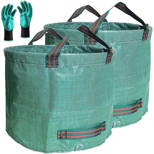 Professional 2-Pack 137 Gallon Lawn Garden Bags (D34, H34 inches) Yard Waste Bags with Coated Gloves, Large Leaf Bags 4 Handles,Yard Debris Bags,Gardening Clippings Bags,Leaf Container,Lawn Trash Bags