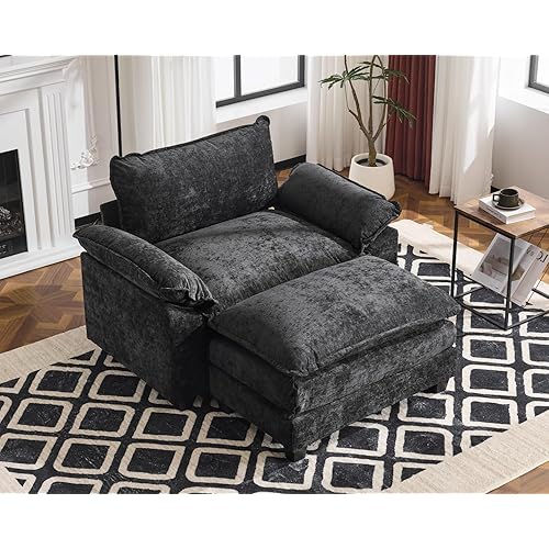 Karl home Oversized Accent Chair Chenille Sofa with Chaise, Modern Sofa Chair with Removable Ottoman Modular 1-Seater Couch and 2-Layer Ottoman for Living Room, Apartment, Studio, Black