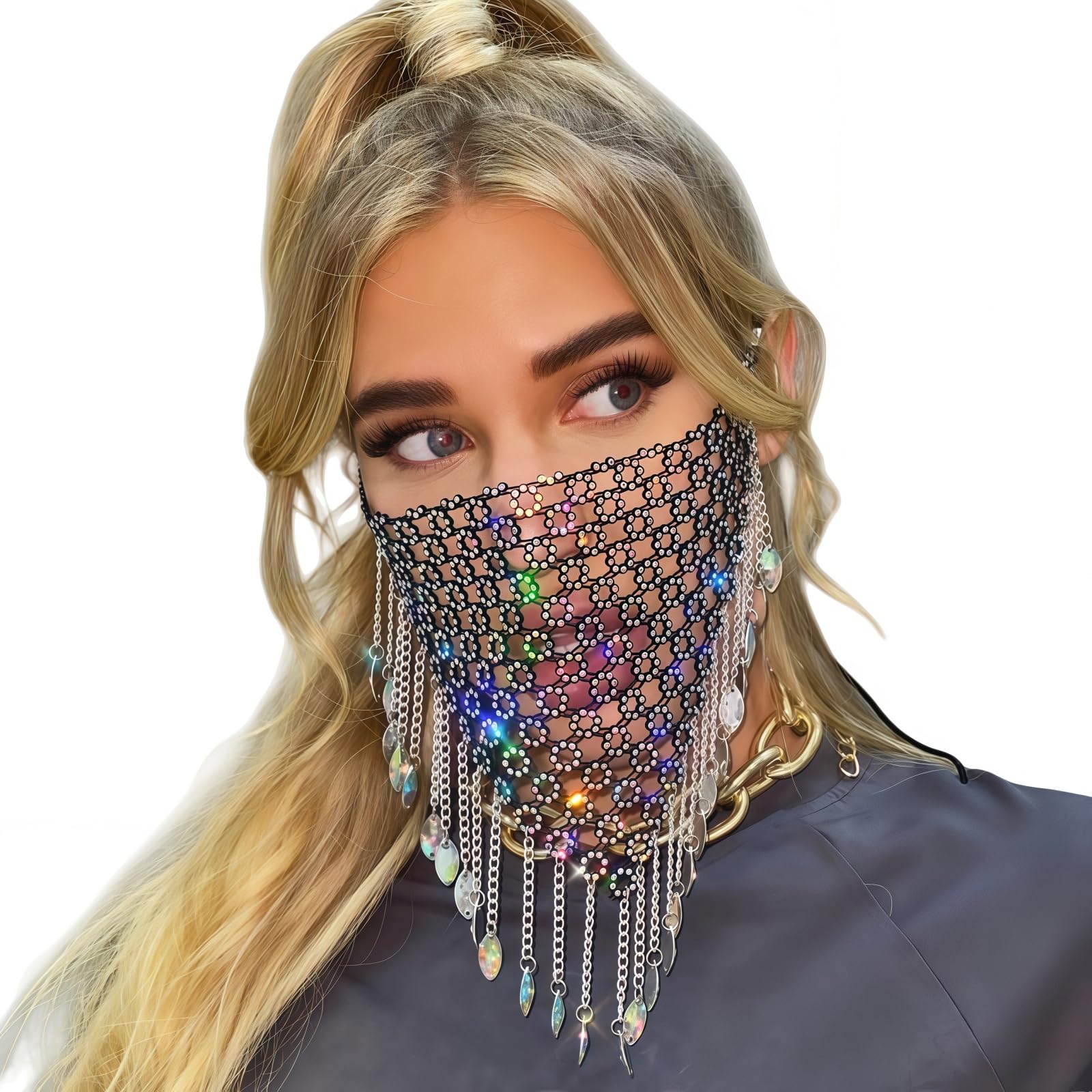 Hybursky Glitter Sequins Face Mask with Rhinestones for Women Hollow Out Masquerade Masks Tassel Adults Halloween Party Cosplay Belly Dance Costume Fancy Dress Masks, Style-B