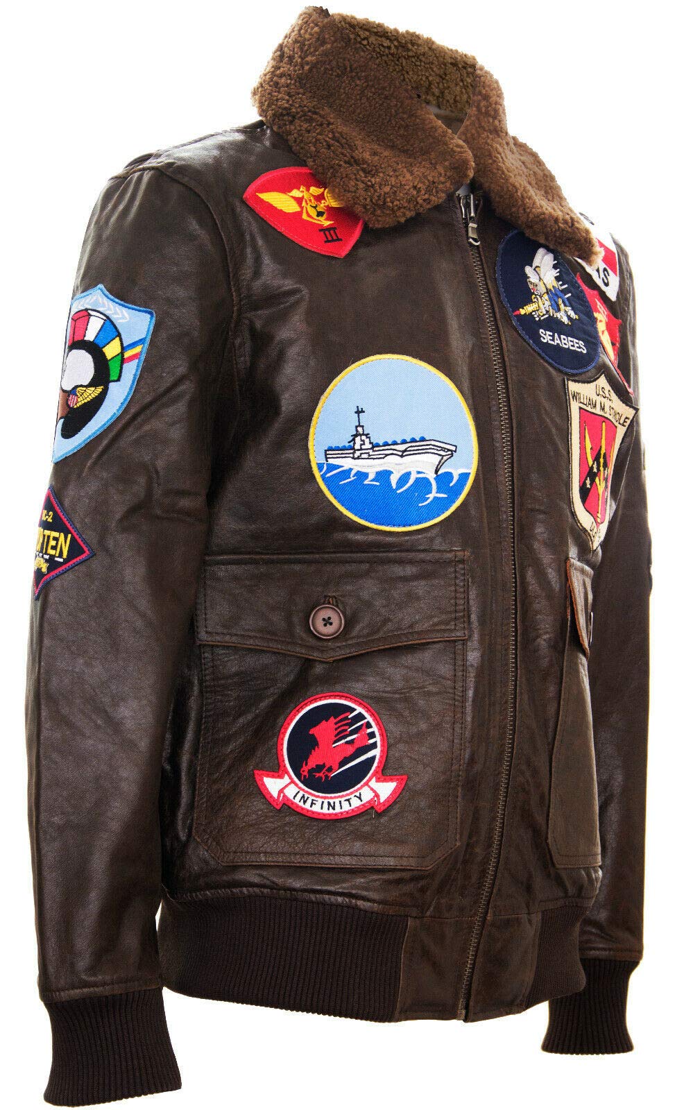 Infinity Leather Giubbotto Bomber da Uomo in Pelle con Collo e Toppe in Pelle di Pecora Stile Top Gun Air Force A2 Flight
