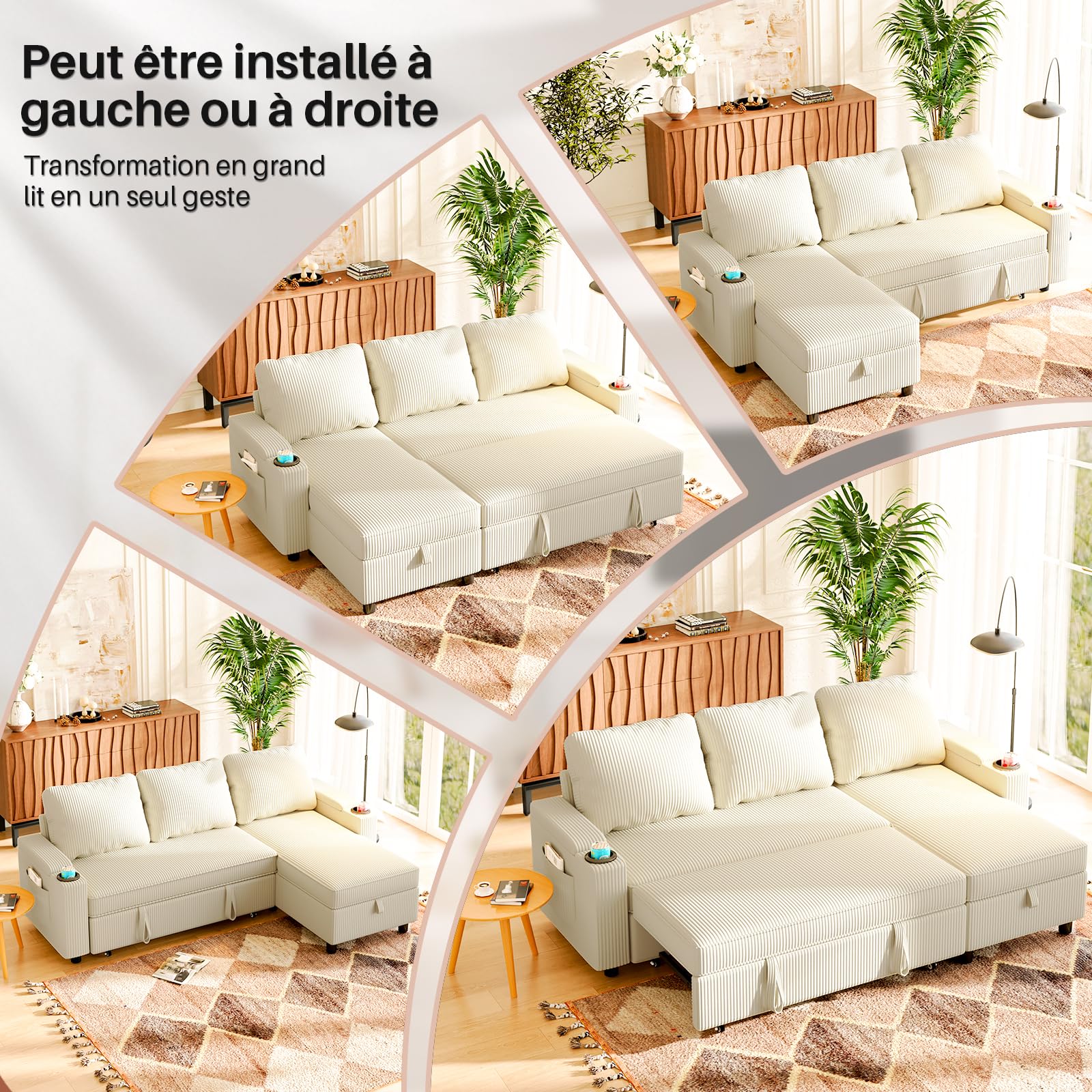 JUMMICO , canapé lit avec Rangement intégré et accoudoirs multifonctionnels, idéal pour Salon, Design Moderne et Pratique,Bureau et Petit Appartement, Beige