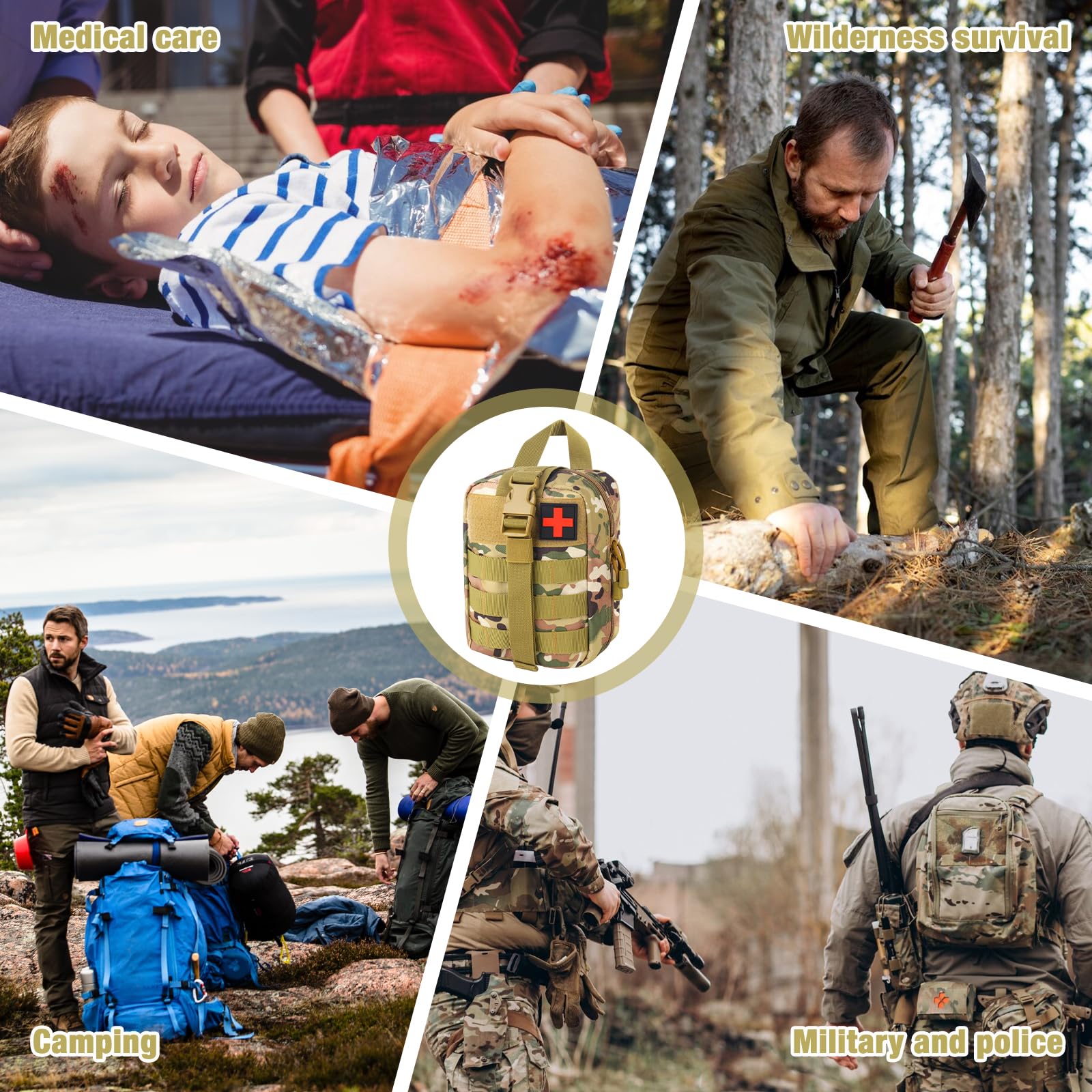 Mineup Botiquín De Primeros Auxilios, 54 Piezas Tactico First Aid Kit Militar, Kit de Primeros Auxilios Táctico, Bolsa de Emergencia para el Hogar, Coche, Camping al Aire Libre, (Camuflaje PRO)