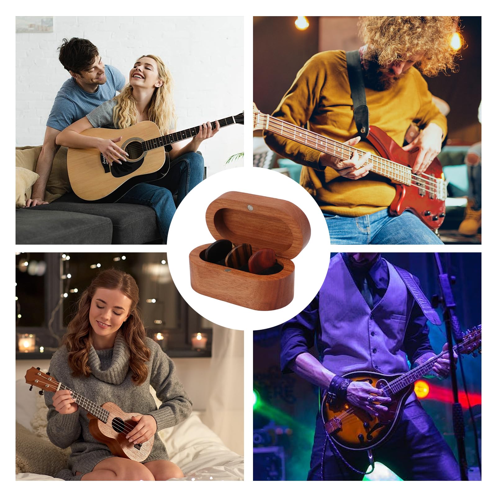 Scatola Porta Plettri A Forma Di Chitarra In Legno - Con Supporto E 3 Plettri In Legno, Regalo Per Chitarristi - Foto 5